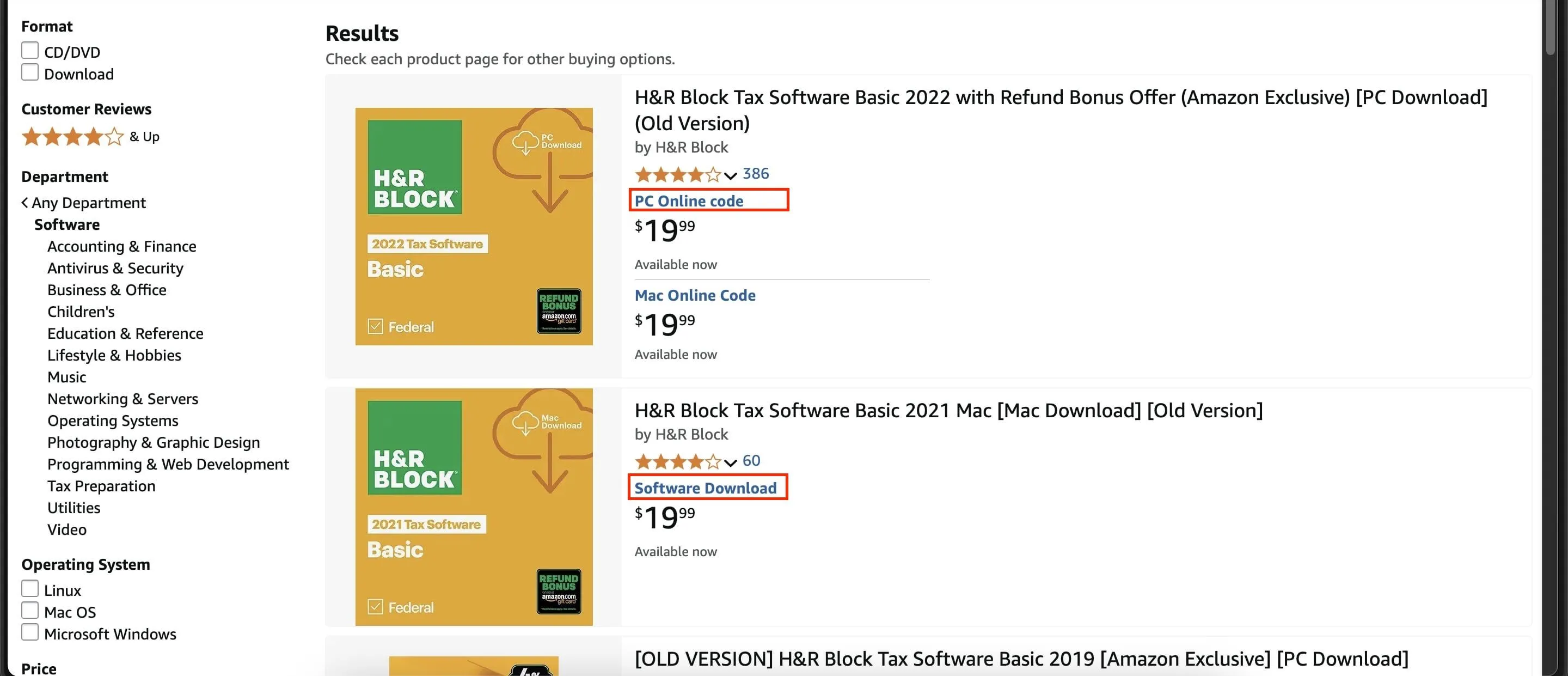 Danh sách các tùy chọn phân phối phần mềm trên Amazon được làm nổi bật, bao gồm mã online, tải xuống và đĩa CD-ROM.
