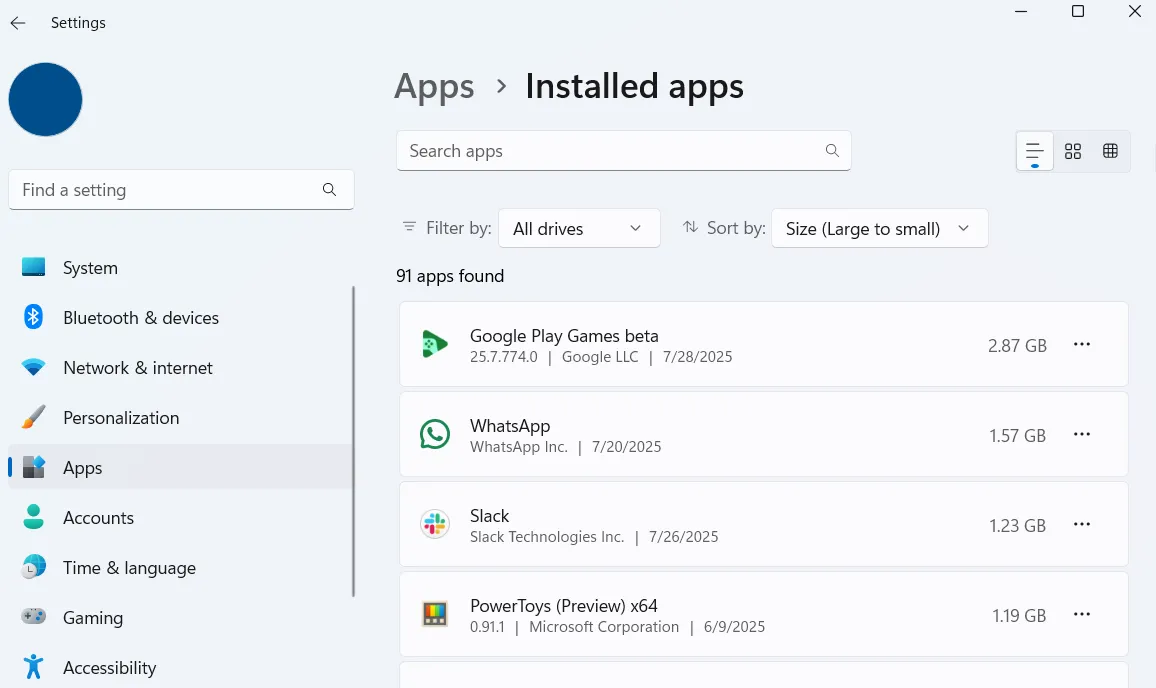 Danh sách các ứng dụng đã cài đặt được sắp xếp theo kích thước trong Cài đặt Windows 11.