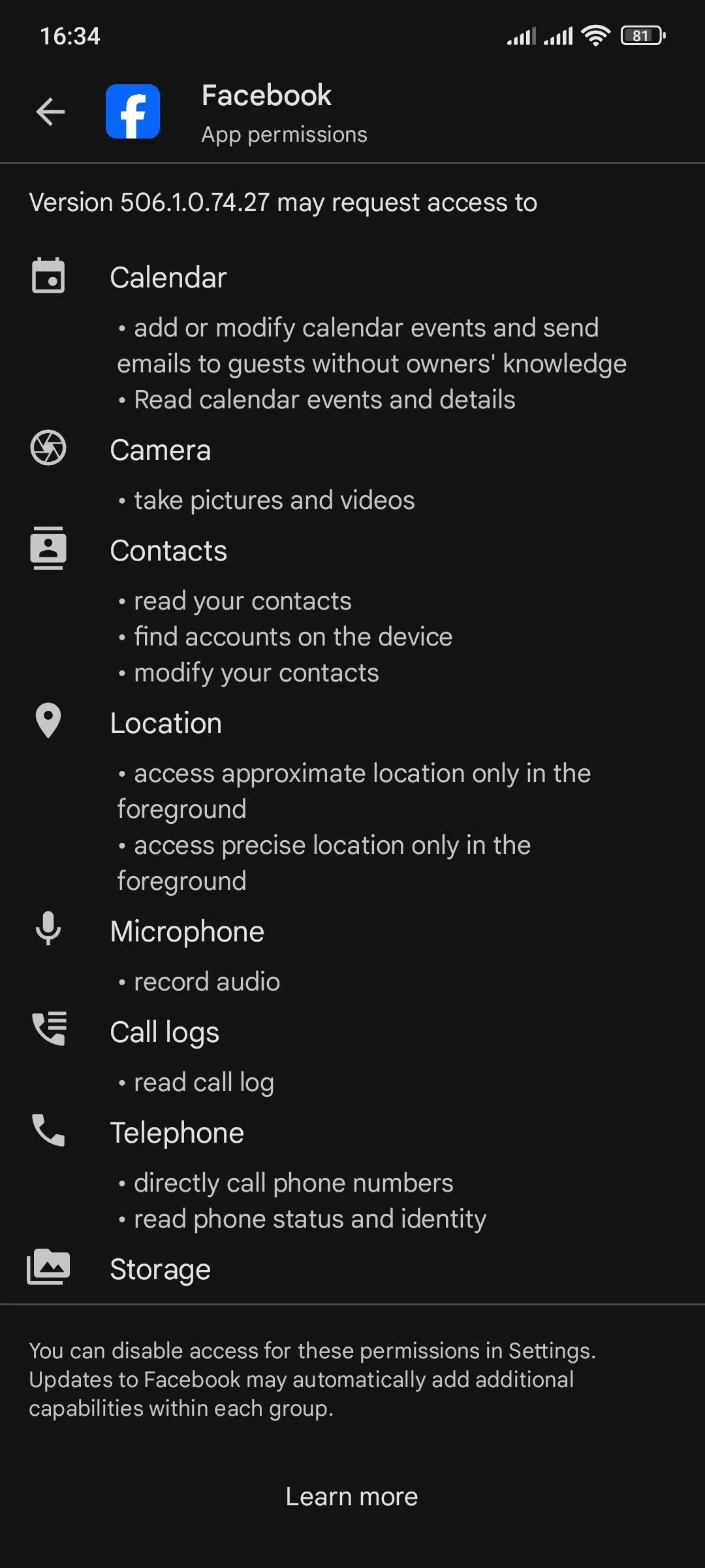 Danh sách chi tiết các quyền truy cập mà ứng dụng Facebook yêu cầu trên Google Play Store.