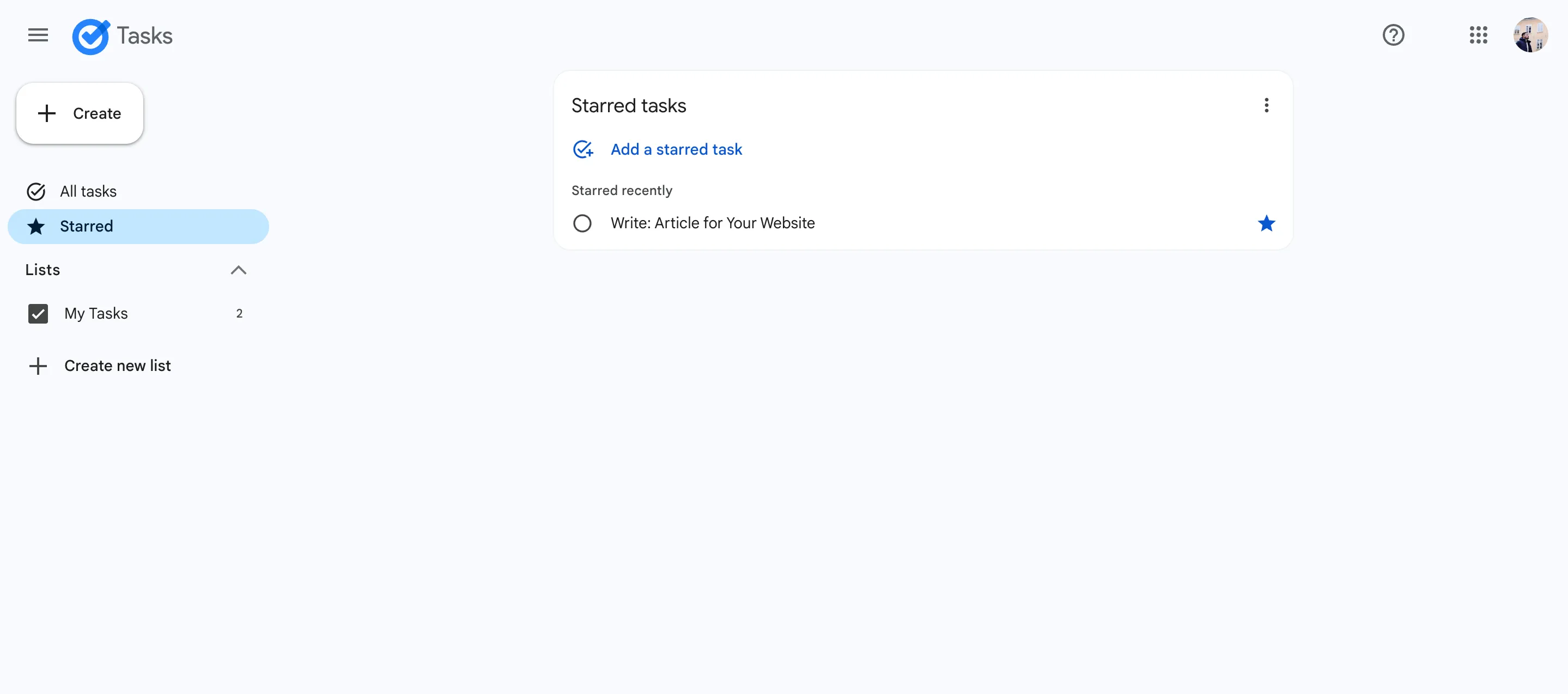 Danh sách công việc trong Google Tasks được đánh dấu &quot;Starred&quot;, minh họa tính năng ưu tiên quan trọng không có trong Apple Reminders.