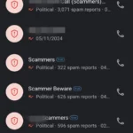 Danh sách cuộc gọi trong Truecaller hiển thị các số bị nghi ngờ là cuộc gọi lừa đảo và spam