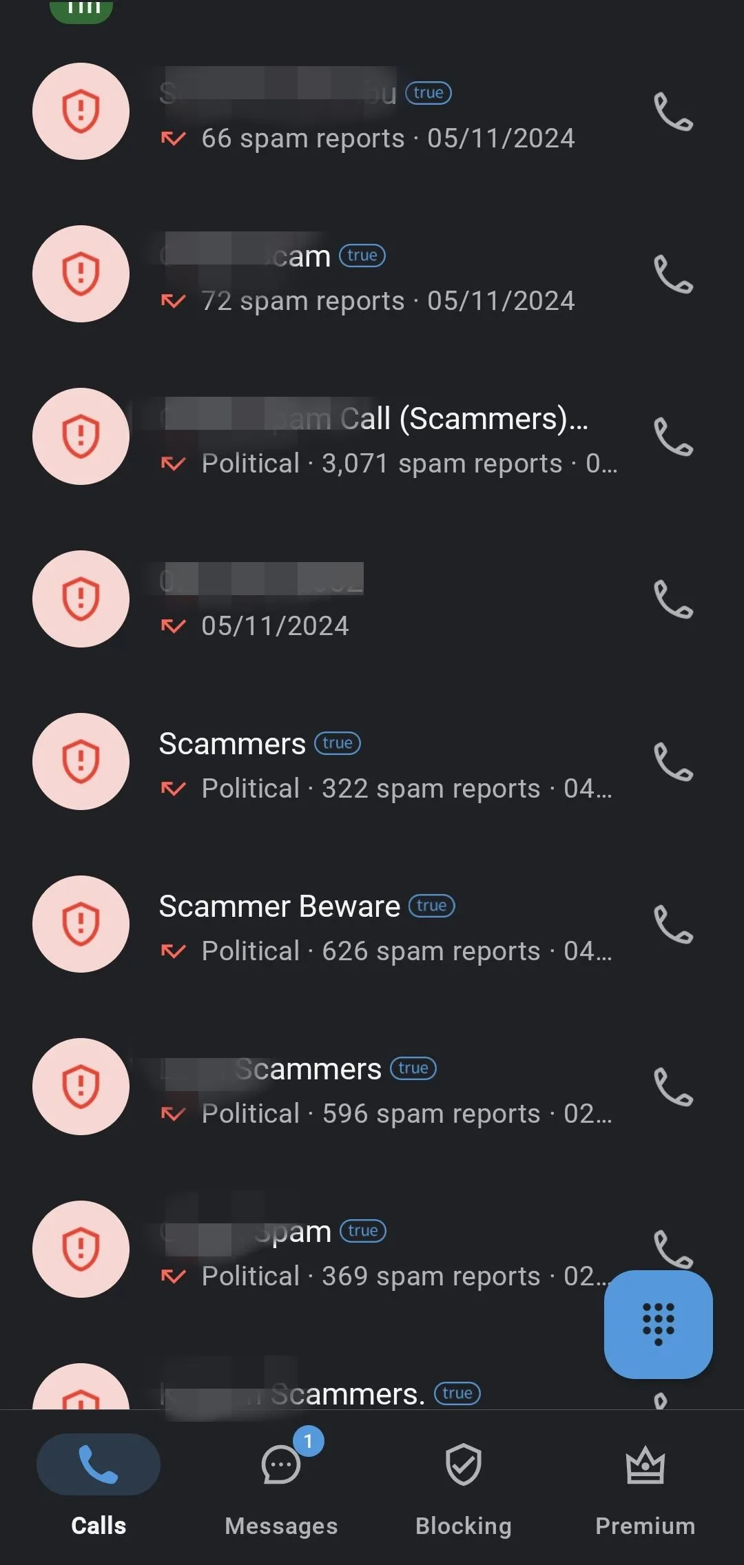 Danh sách cuộc gọi trong Truecaller hiển thị các số bị nghi ngờ là cuộc gọi lừa đảo và spam