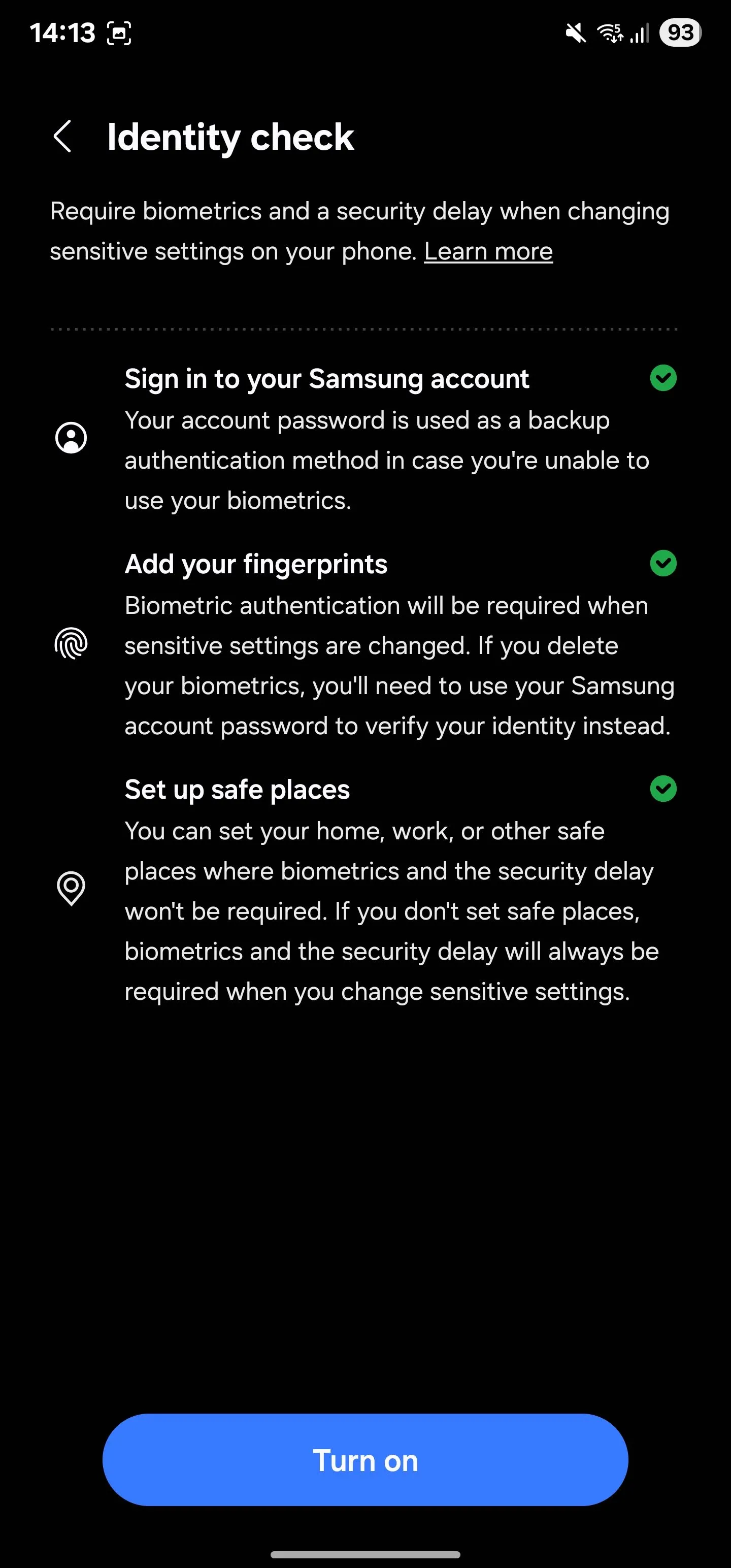 Danh sách kiểm tra để kích hoạt tính năng Kiểm tra Danh tính trên điện thoại Samsung Galaxy, đảm bảo các cài đặt bảo mật quan trọng đã được cấu hình.