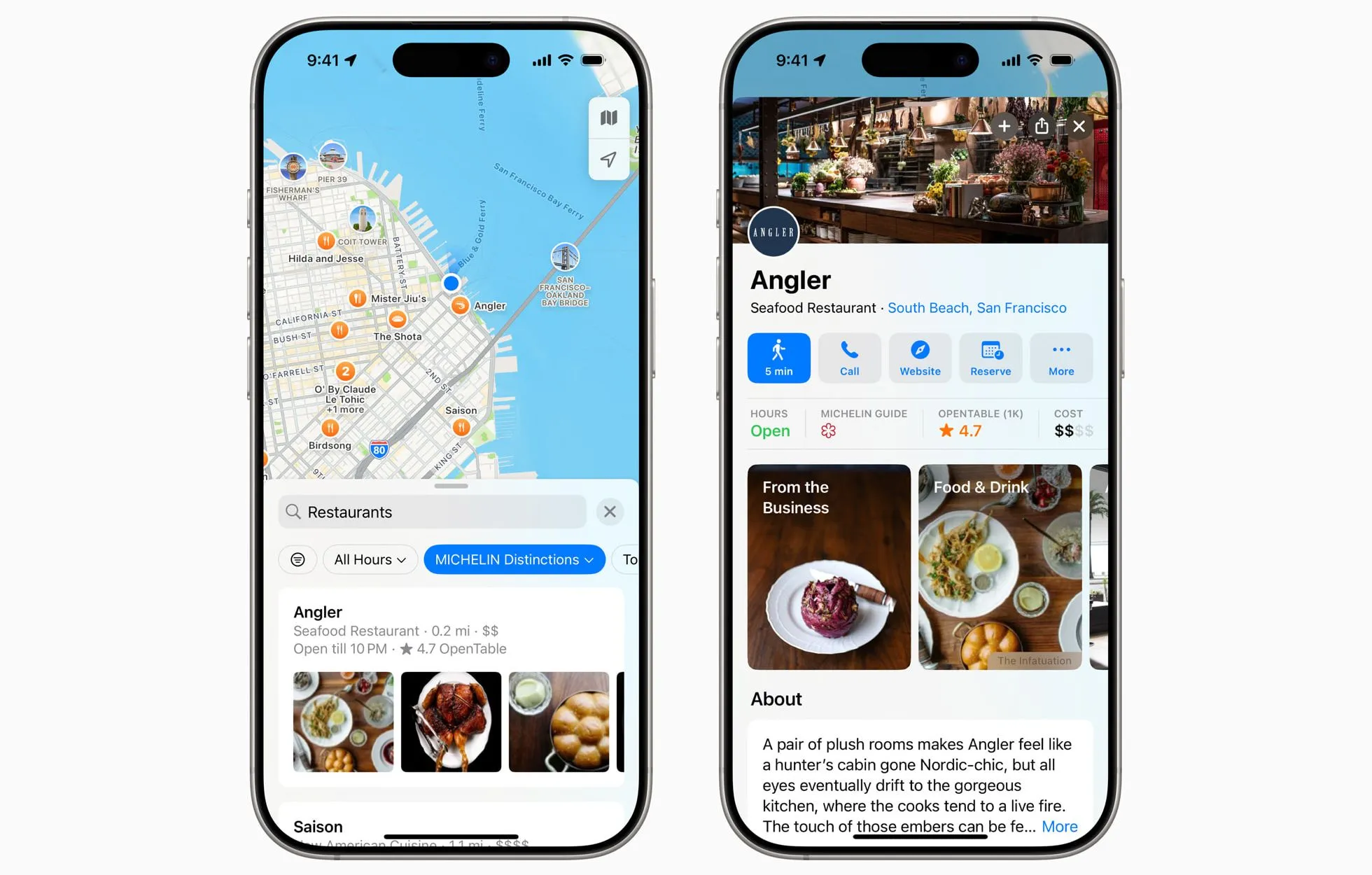 Danh sách nhà hàng đạt chuẩn Michelin Guide hiển thị trên Apple Maps với thông tin chi tiết và tùy chọn đặt chỗ