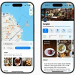Danh sách nhà hàng được Michelin Guide xếp hạng hiển thị trên ứng dụng Apple Maps với các thông tin chi tiết về địa điểm, xếp hạng sao Michelin và tùy chọn đặt chỗ.
