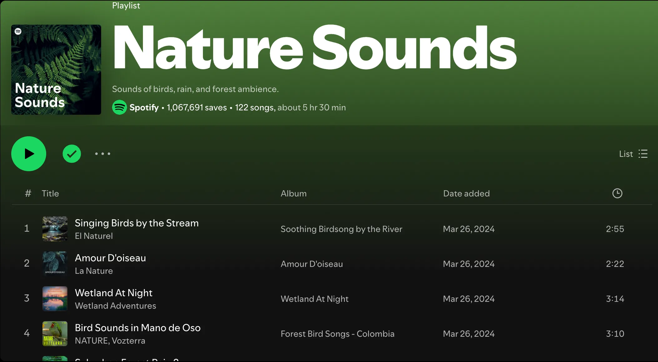 Danh sách phát 'Nature Sounds' trên Spotify, một ví dụ về nhạc nền giúp tăng cường khả năng tập trung khi làm việc.