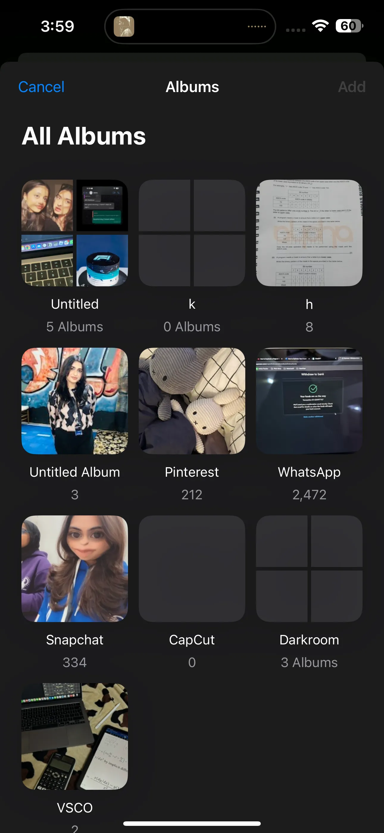 Danh sách tất cả các Album đã tạo trong ứng dụng Ảnh của iPhone.