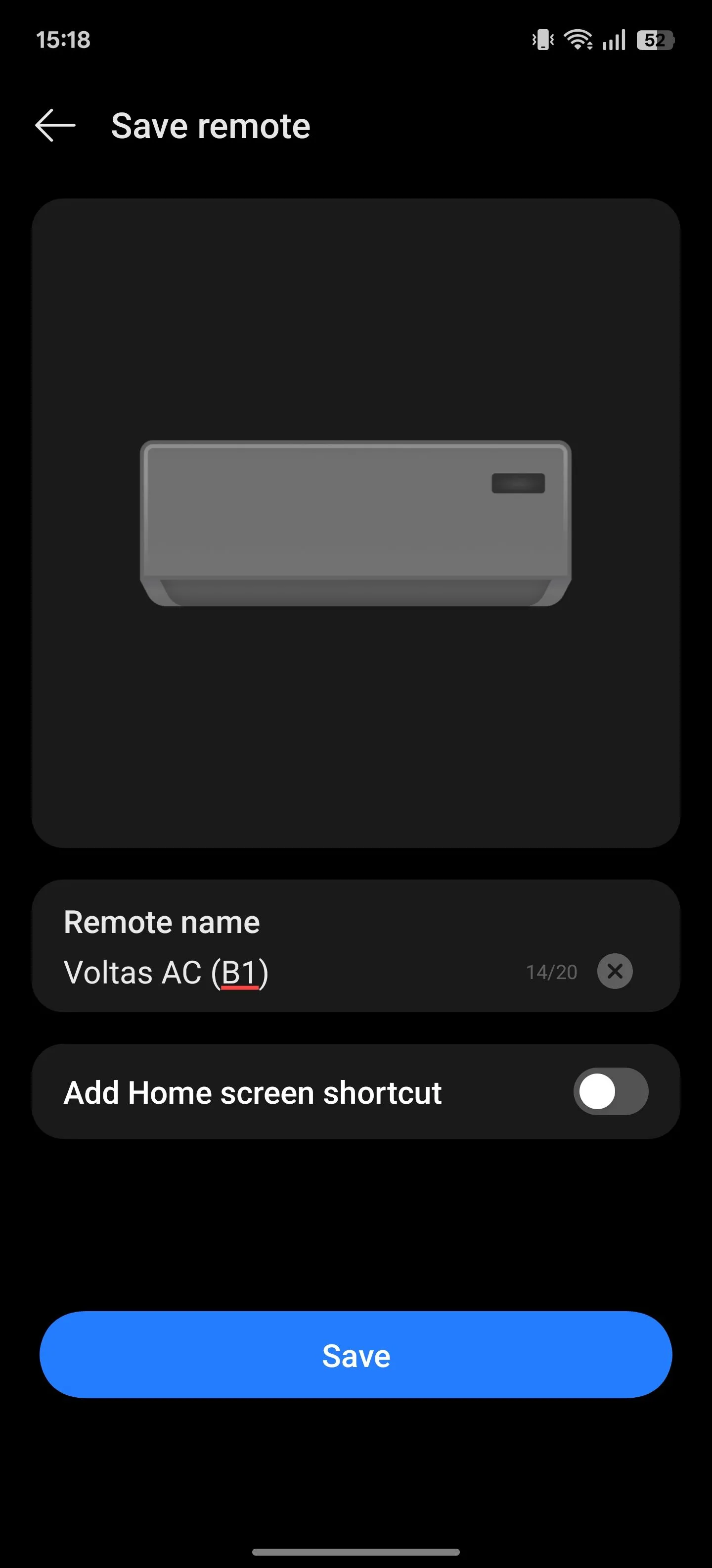 Đặt tên cho điều khiển từ xa trong ứng dụng IR Remote trước khi lưu.