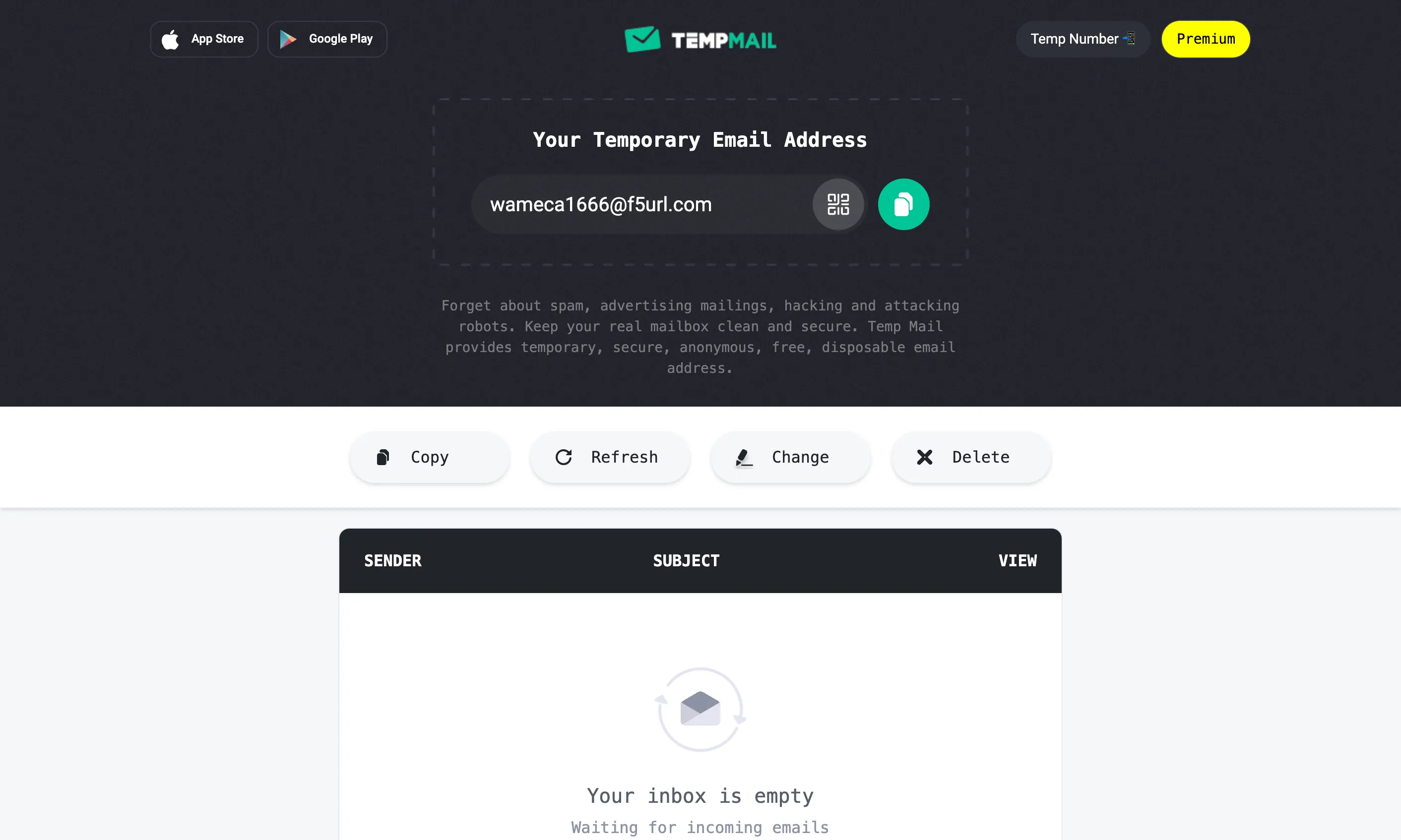 Địa chỉ email tạm thời của Temp Mail hiển thị rõ ràng trên giao diện, sẵn sàng để sao chép