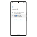 Điện thoại Android hiển thị ứng dụng Google Wallet với tùy chọn thêm hộ chiếu hoặc thẻ căn cước số.