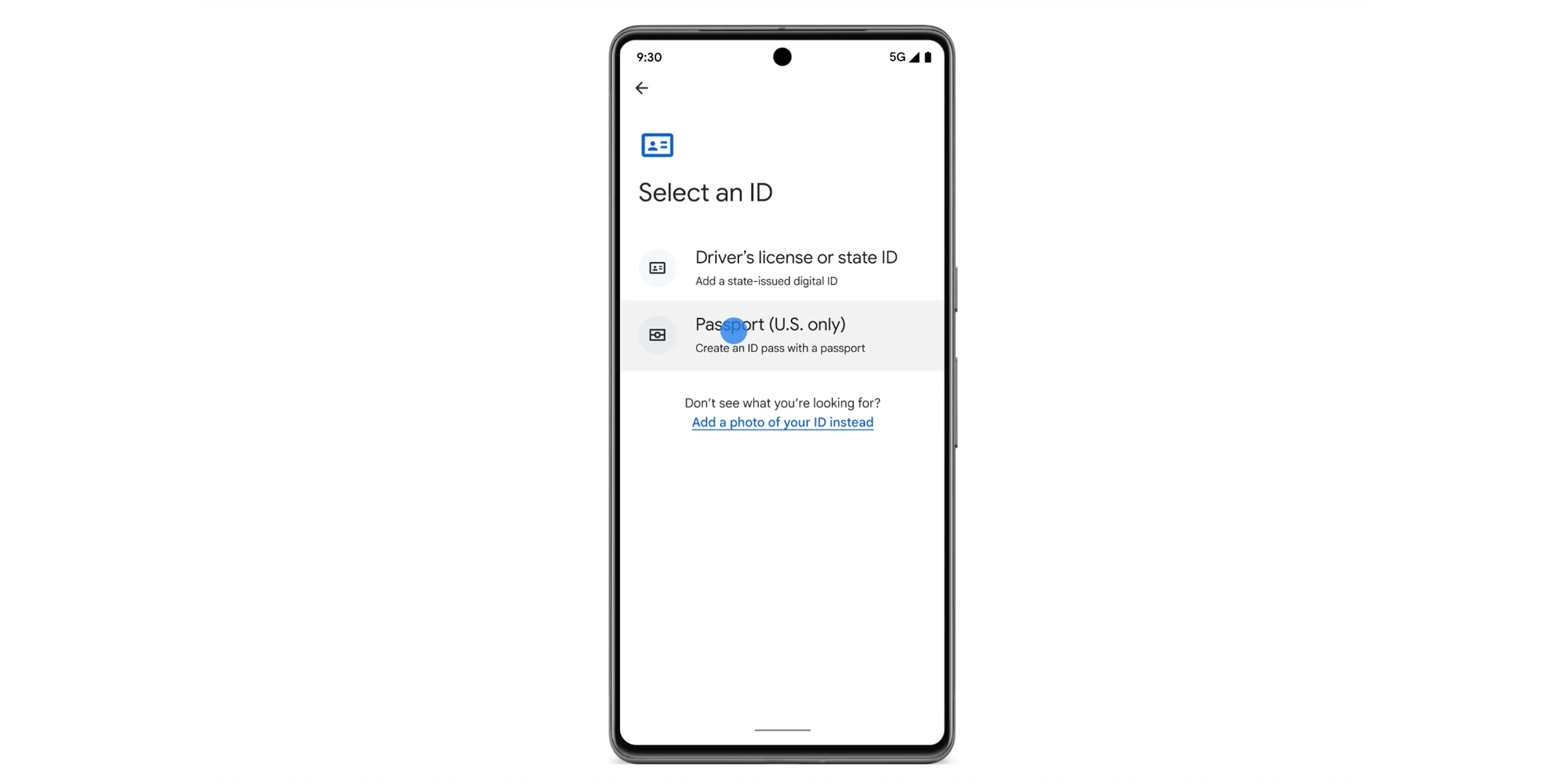 Điện thoại Android hiển thị ứng dụng Google Wallet với tùy chọn thêm hộ chiếu hoặc thẻ căn cước số.