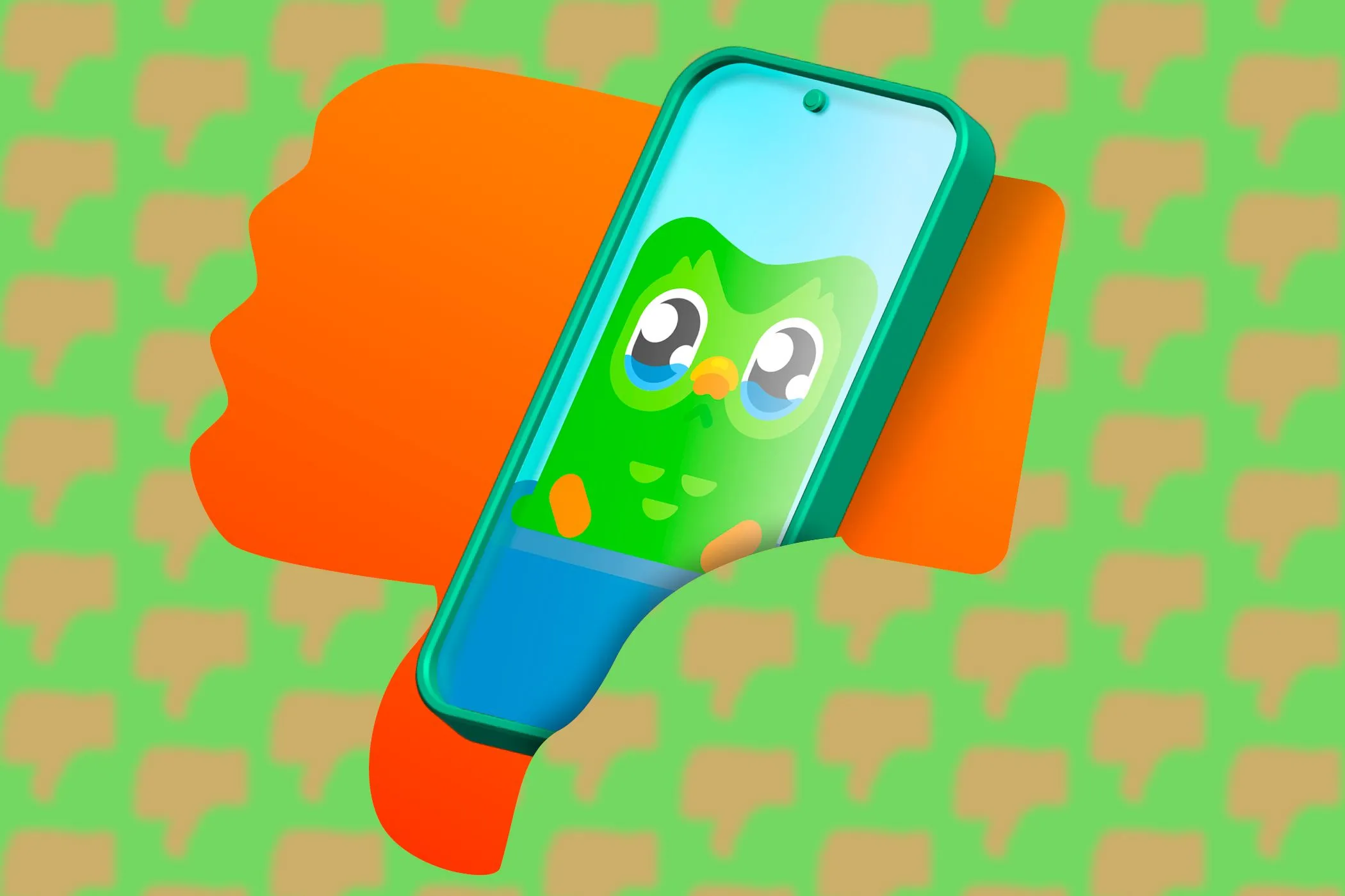 Điện thoại di động hiển thị ứng dụng Duolingo với biểu tượng ngón tay cái úp xuống, ám chỉ lo ngại về quyền riêng tư của ứng dụng