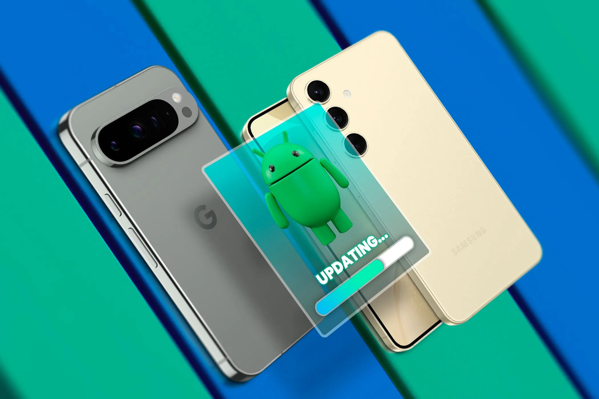 Điện thoại Google Pixel và Samsung Galaxy với biểu tượng cập nhật Android phía trên