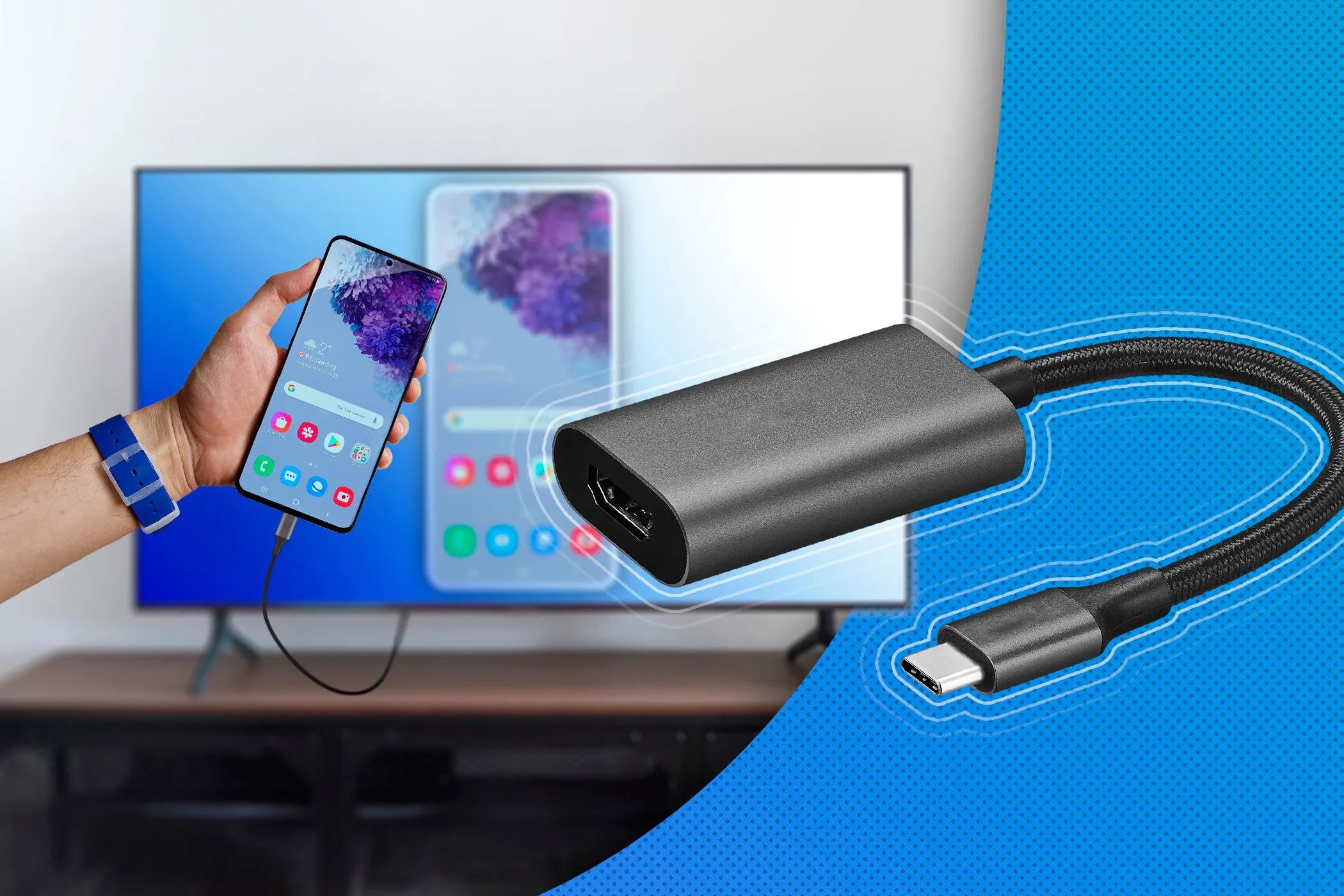 Điện thoại kết nối với màn hình qua bộ chuyển đổi USB-C sang HDMI để chiếu màn hình.