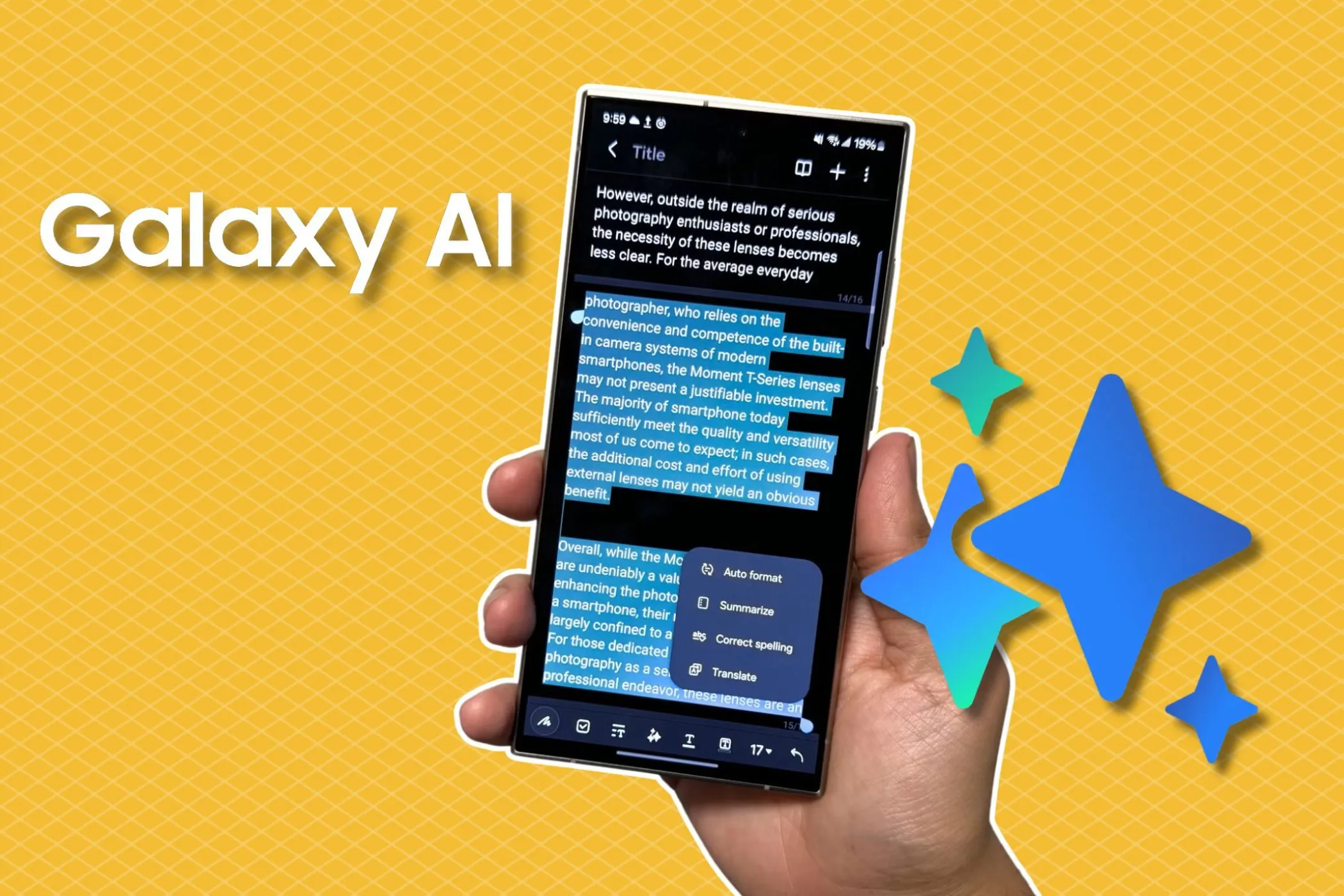 Điện thoại Samsung Galaxy S24 Ultra hiển thị biểu tượng Galaxy AI, tượng trưng cho các tính năng trí tuệ nhân tạo tiên tiến trên dòng Galaxy S25