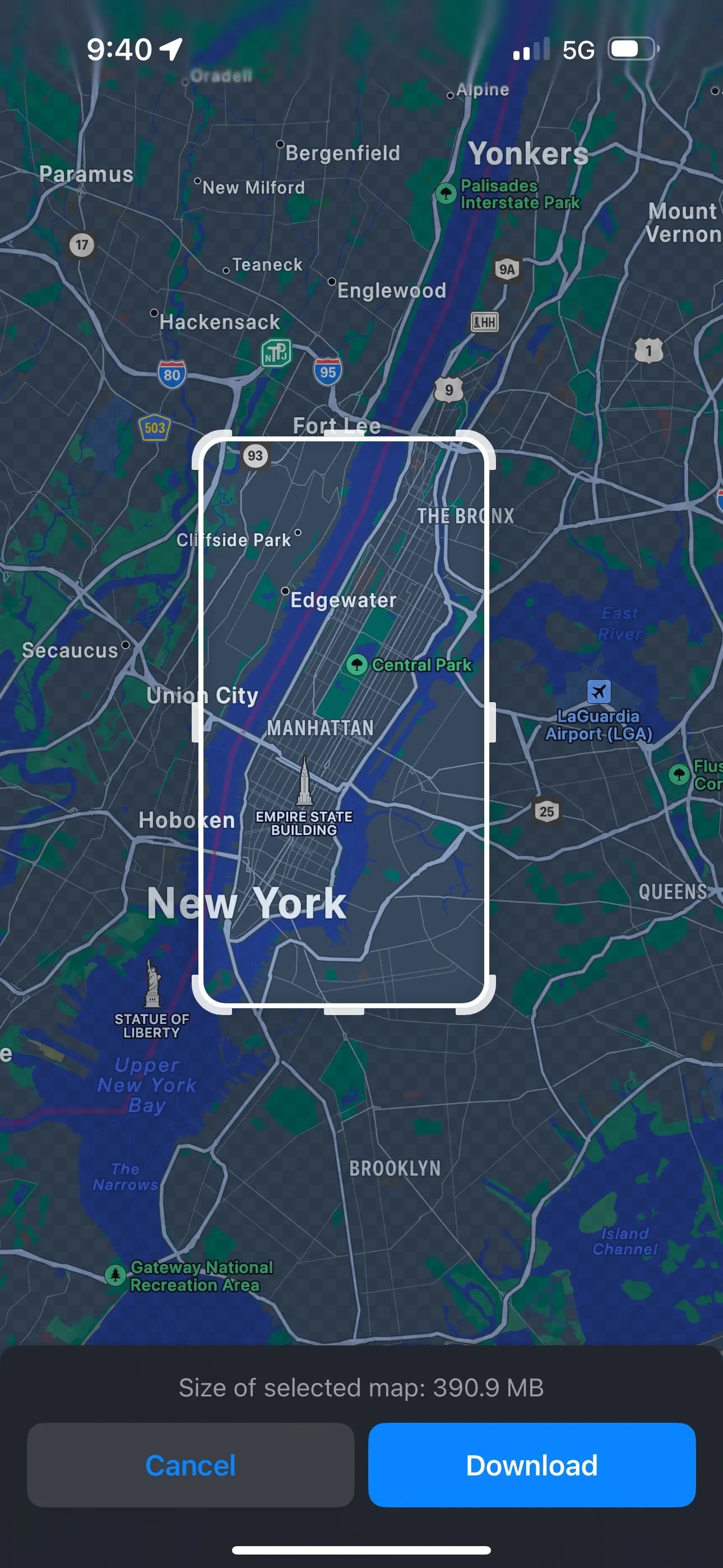 Điều chỉnh kích thước bản đồ New York ngoại tuyến trong Apple Maps iOS 17