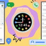 Đồ họa minh họa tính năng Galaxy Watch cho trẻ em của Samsung, hiển thị đồng hồ và các chức năng kiểm soát từ điện thoại phụ huynh như định vị và danh bạ.