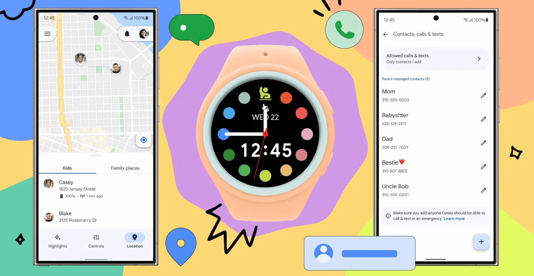 Đồ họa minh họa tính năng Galaxy Watch cho trẻ em của Samsung, hiển thị đồng hồ và các chức năng kiểm soát từ điện thoại phụ huynh như định vị và danh bạ.