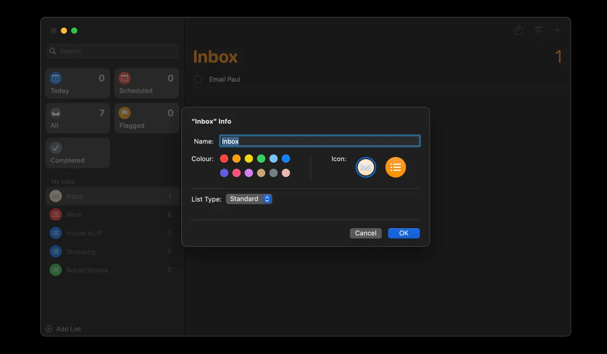 Đổi tên danh sách mặc định thành Hộp thư đến (Inbox) trong Reminders trên Mac
