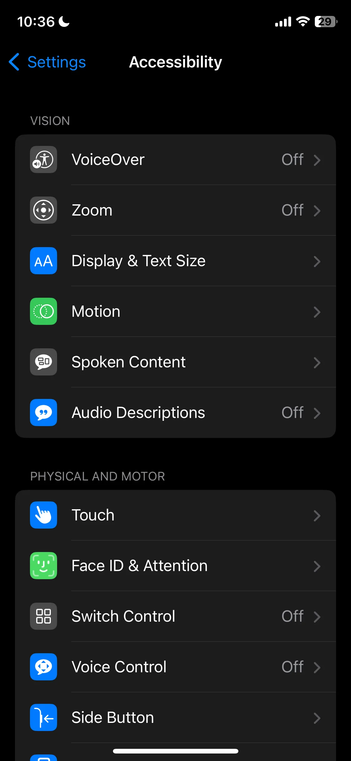 Đường dẫn đến mục Màn hình &amp; Cỡ chữ trong Trợ năng của iPhone