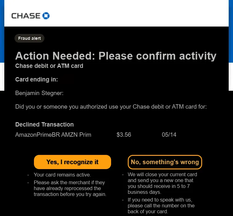 Email cảnh báo gian lận từ ngân hàng Chase về tài khoản Amazon