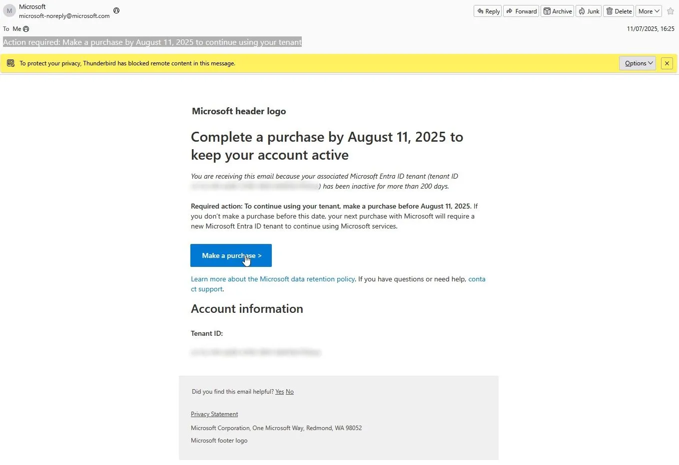 Email cảnh báo Microsoft Entra ID yêu cầu mua hàng