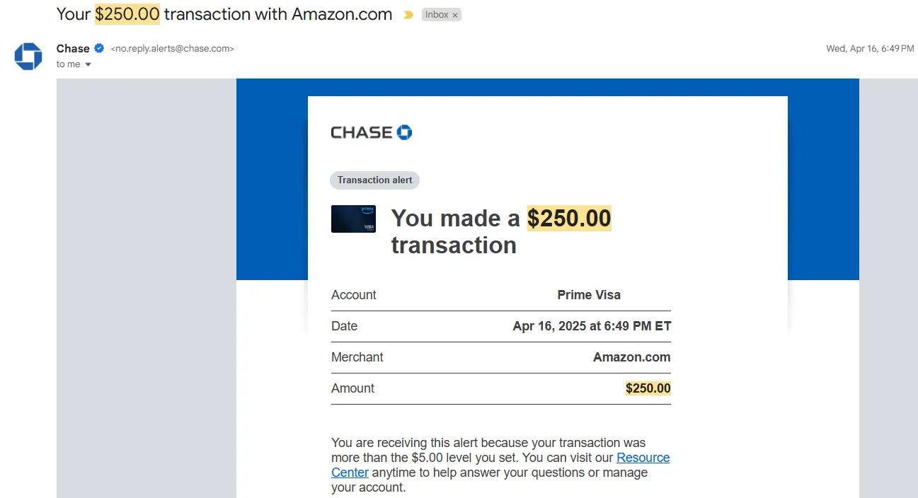 Email cảnh báo về giao dịch gian lận 250 USD trên thẻ tín dụng Amazon Prime