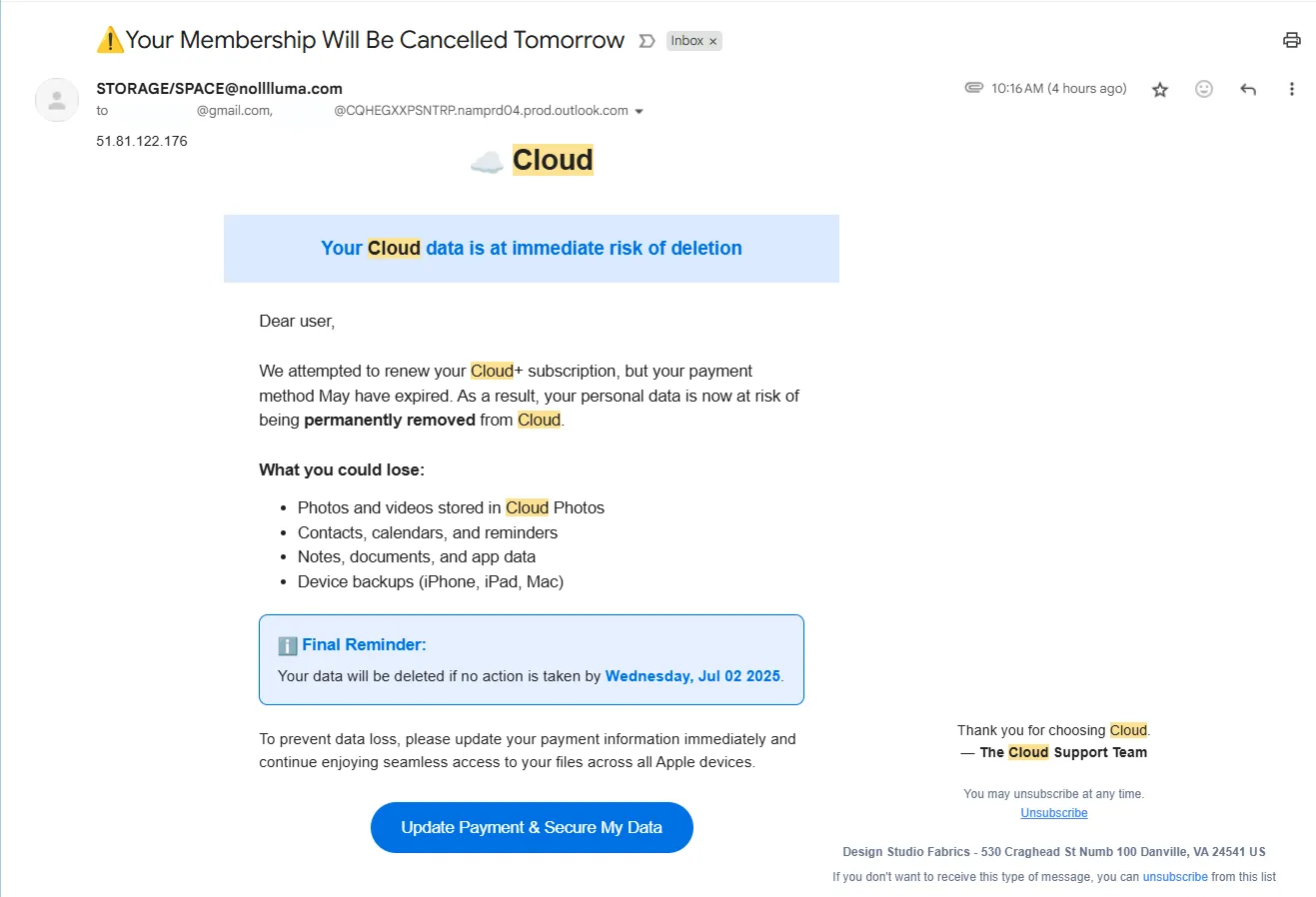 Email lừa đảo giả mạo dịch vụ đám mây