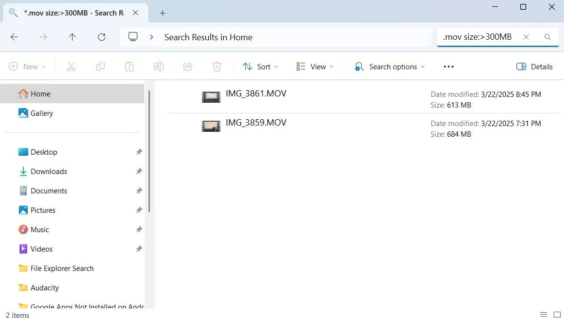 File Explorer hiển thị các tệp video .mov có dung lượng lớn hơn 300MB