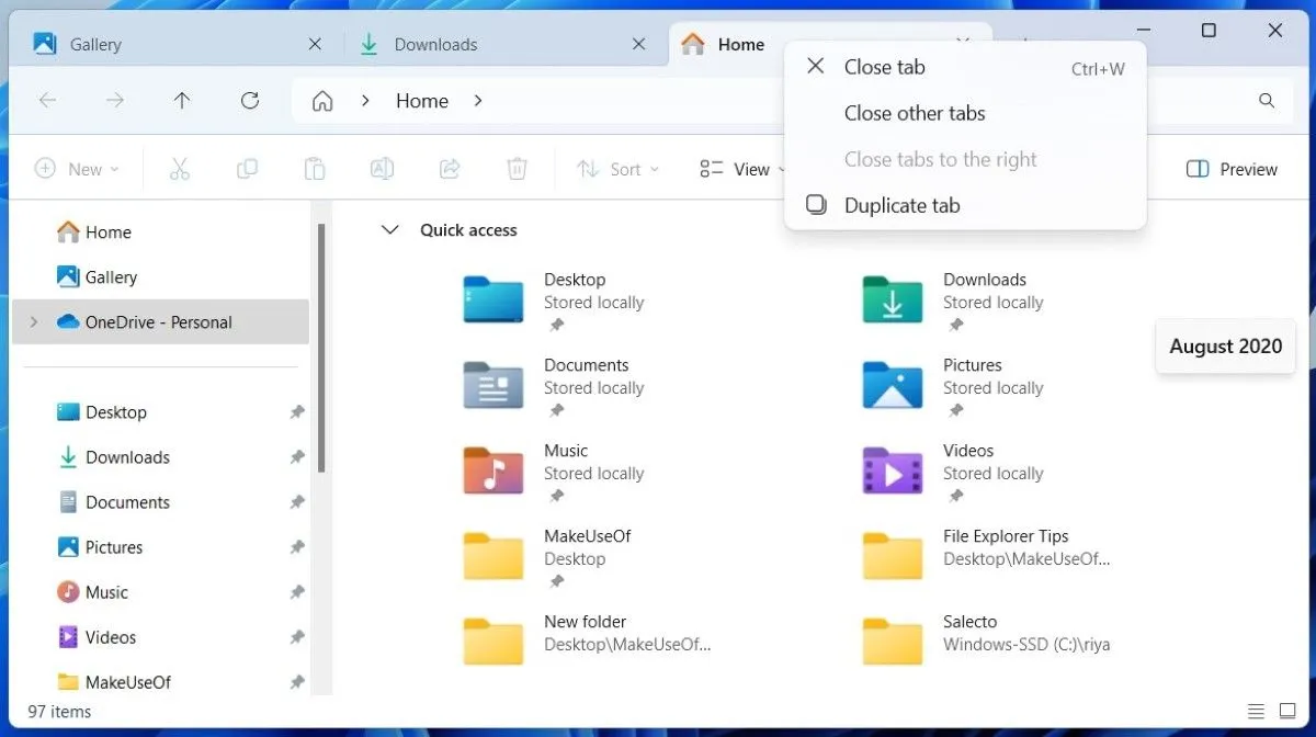 File Explorer trên Windows 11 hiển thị các tab giúp quản lý nhiều cửa sổ thư mục cùng lúc