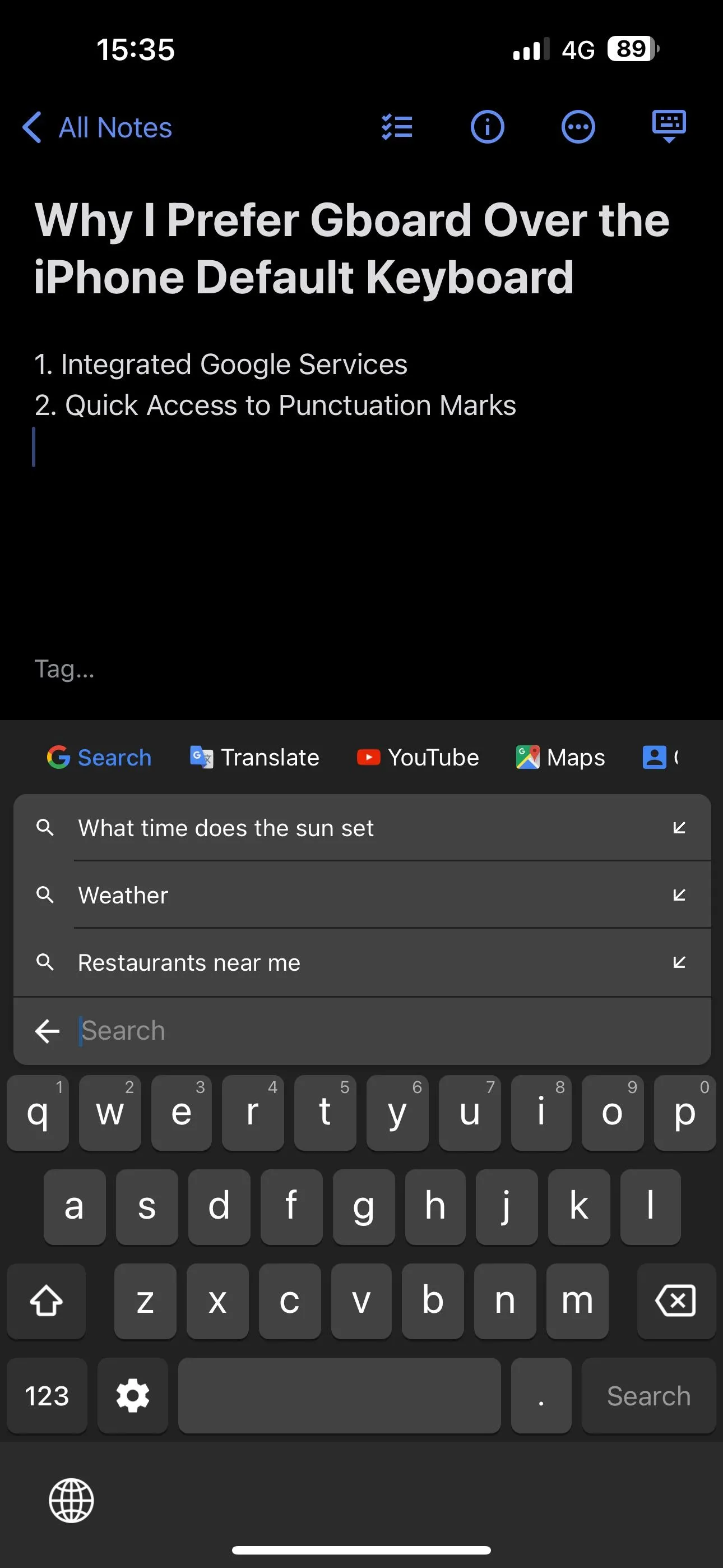 Gboard trên iPhone tích hợp tìm kiếm Google ngay trên bàn phím, giúp truy cập nhanh các dịch vụ Google.