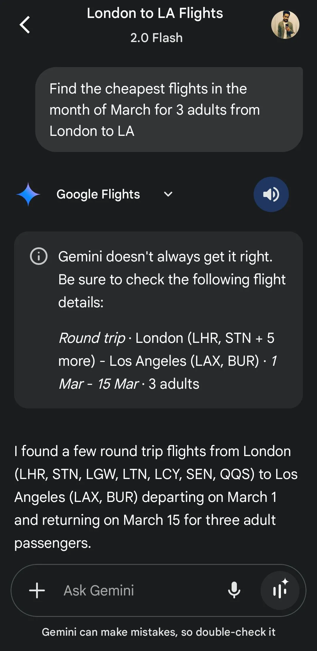 Gemini hiển thị thông tin chuyến bay từ Google Flights, giúp người dùng dễ dàng lên kế hoạch du lịch