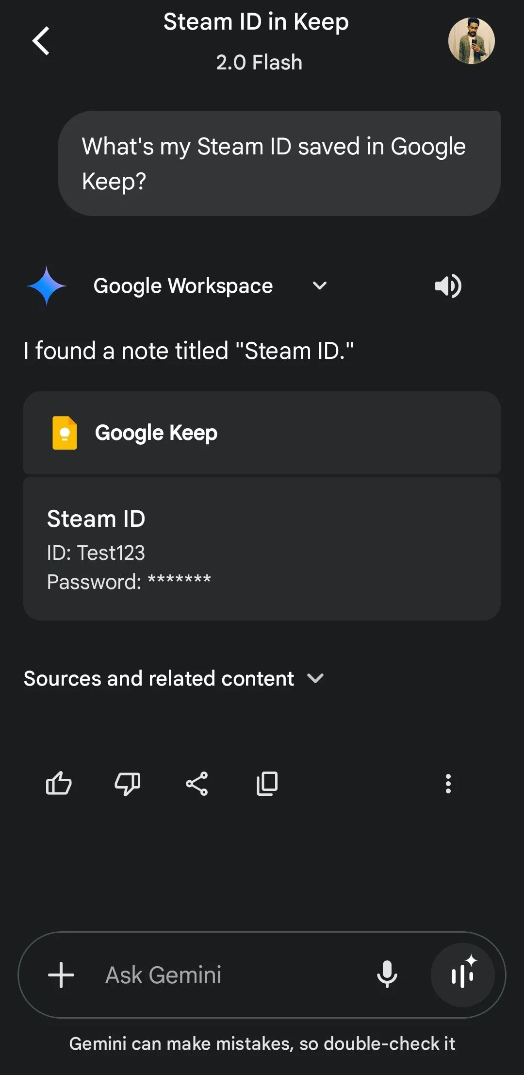Gemini tìm thông tin về Steam ID từ Google Keep, cho thấy khả năng truy cập dữ liệu cá nhân từ các ứng dụng Google