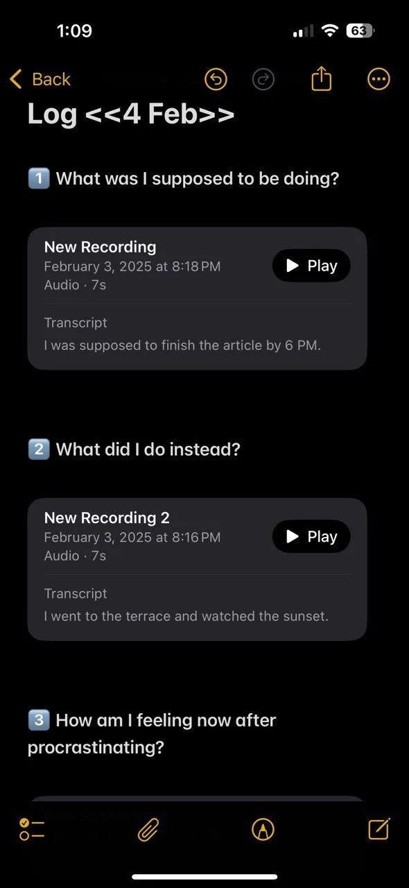 Ghi chú giọng nói đã được tự động chuyển thành văn bản trong nhật ký trì hoãn trên Apple Notes