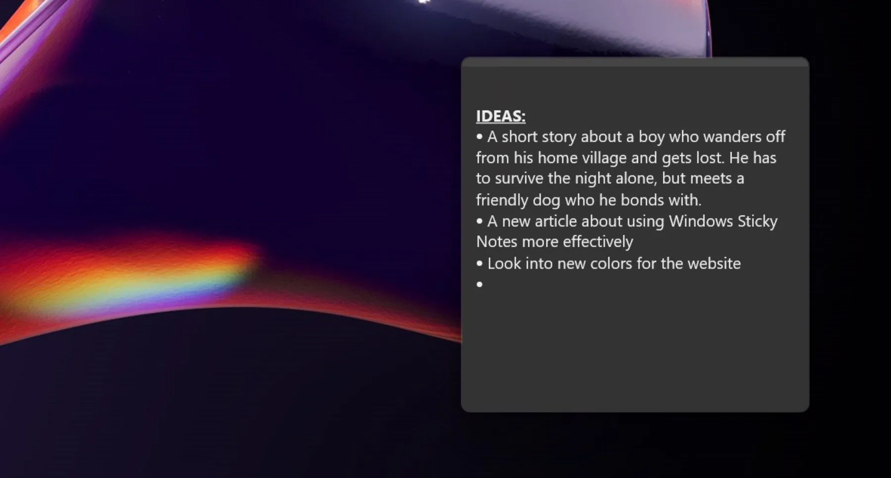Ghi chú &quot;Ý tưởng&quot; được tạo bằng Windows Sticky Notes để nhanh chóng lưu lại các sáng kiến