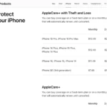 Giá các gói AppleCare+ cho các dòng iPhone khác nhau, minh họa chi phí bảo hành mở rộng.