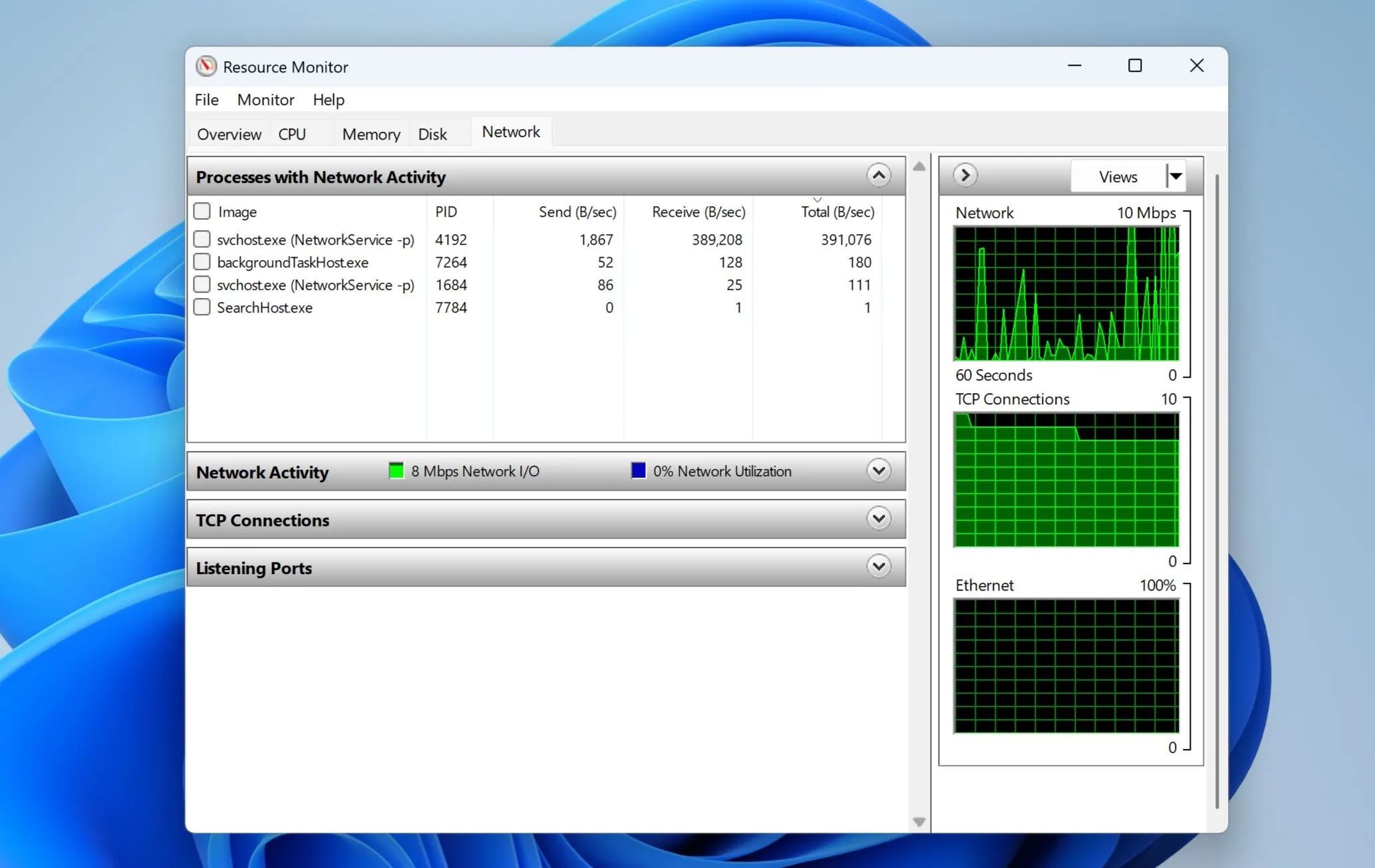 Giám sát Tài nguyên (Resource Monitor) trên Windows 11 hiển thị mức sử dụng mạng của các tiến trình