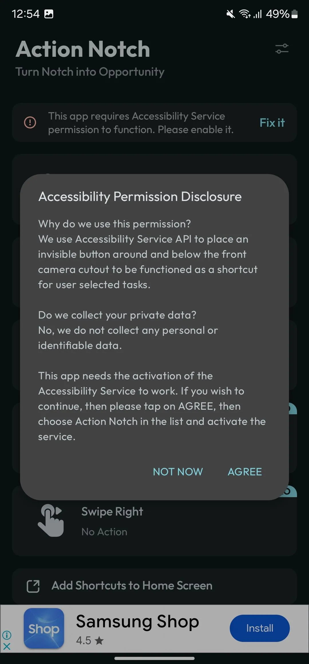 Giao diện Action Notch yêu cầu cấp quyền trợ năng trên điện thoại Android.