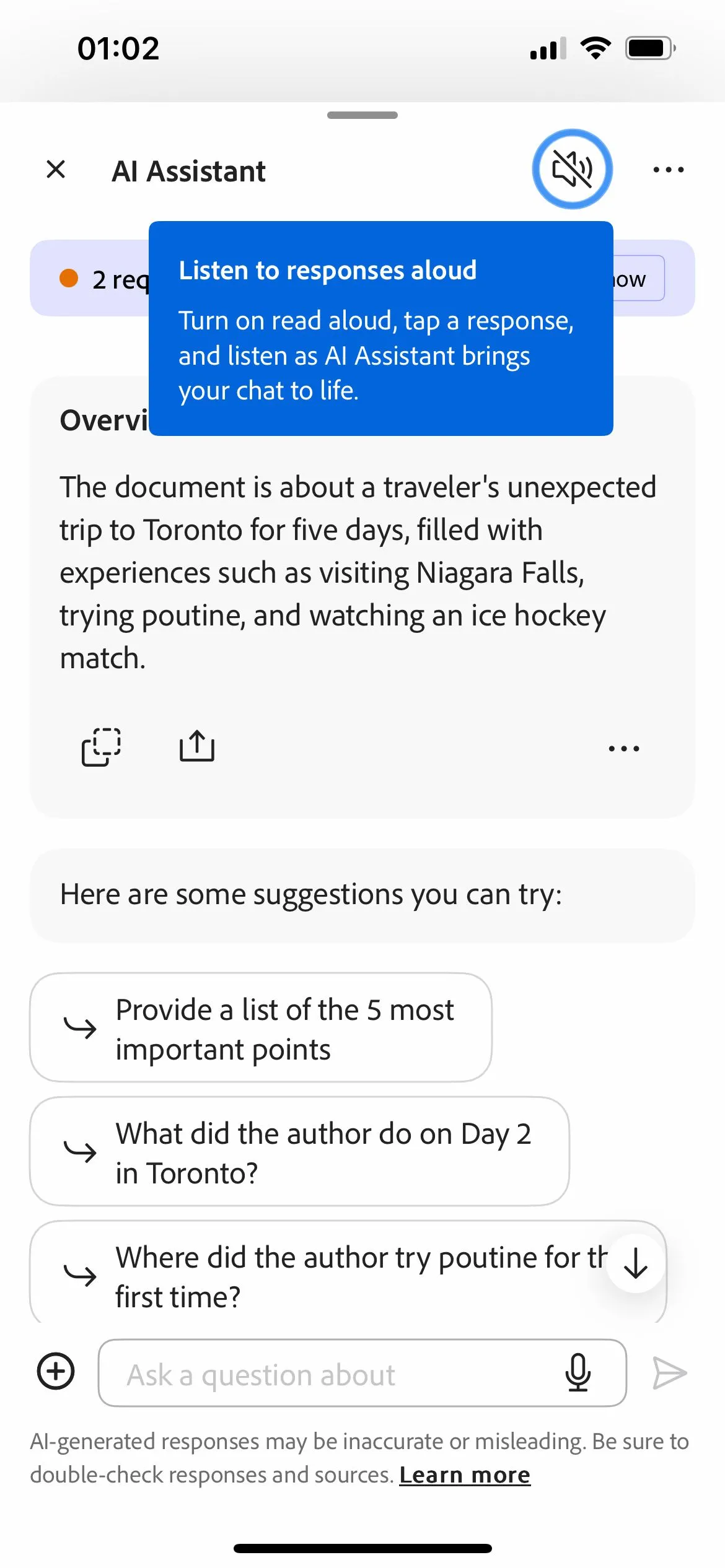 Giao diện Adobe Acrobat AI Assistant trên di động với tính năng tìm kiếm bằng giọng nói.