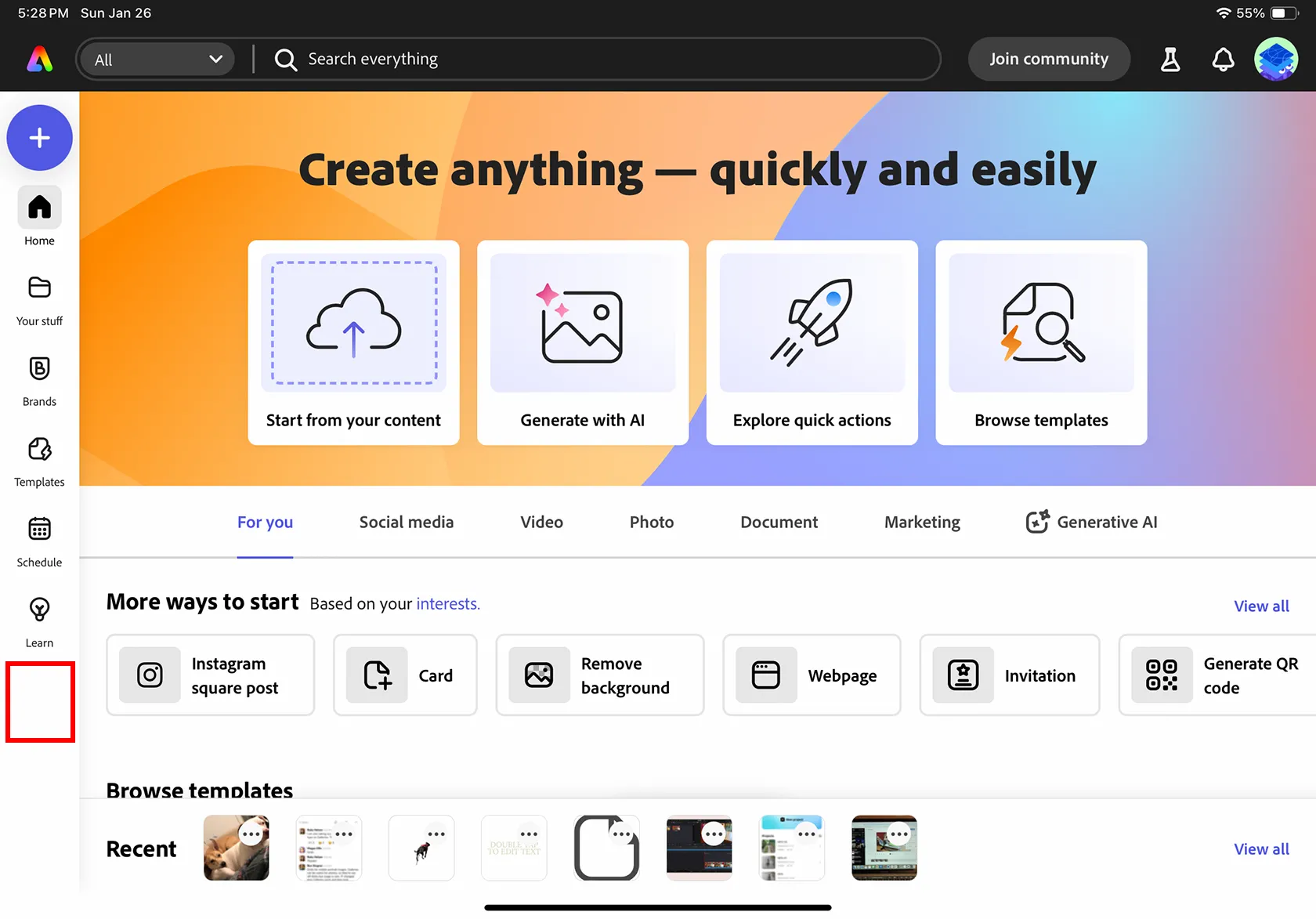 Giao diện Adobe Express trên iPad với menu thiếu tùy chọn Add-Ons