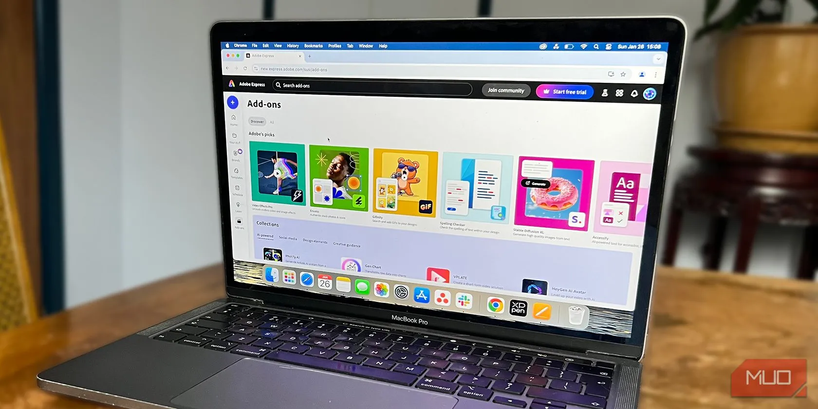Giao diện Adobe Express trên MacBook với menu Add-Ons nổi bật