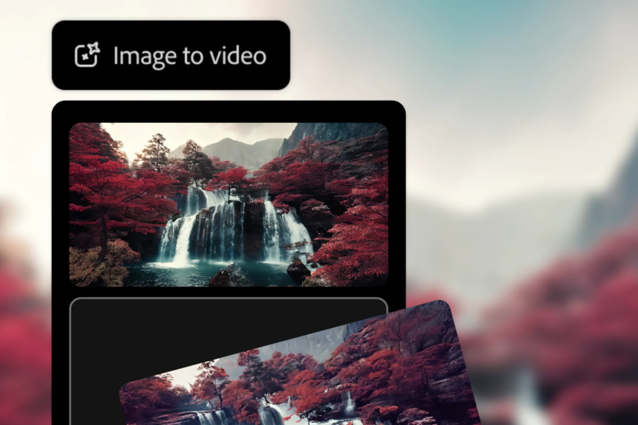 Giao diện Adobe Firefly hiển thị video tạo từ hình ảnh tĩnh thác nước Nhật Bản, minh họa tính năng chuyển ảnh thành video