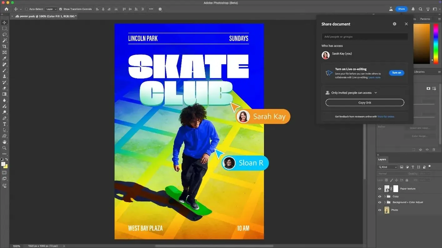Giao diện Adobe Photoshop minh họa tính năng chỉnh sửa đồng thời với các biểu tượng cộng tác trực tiếp