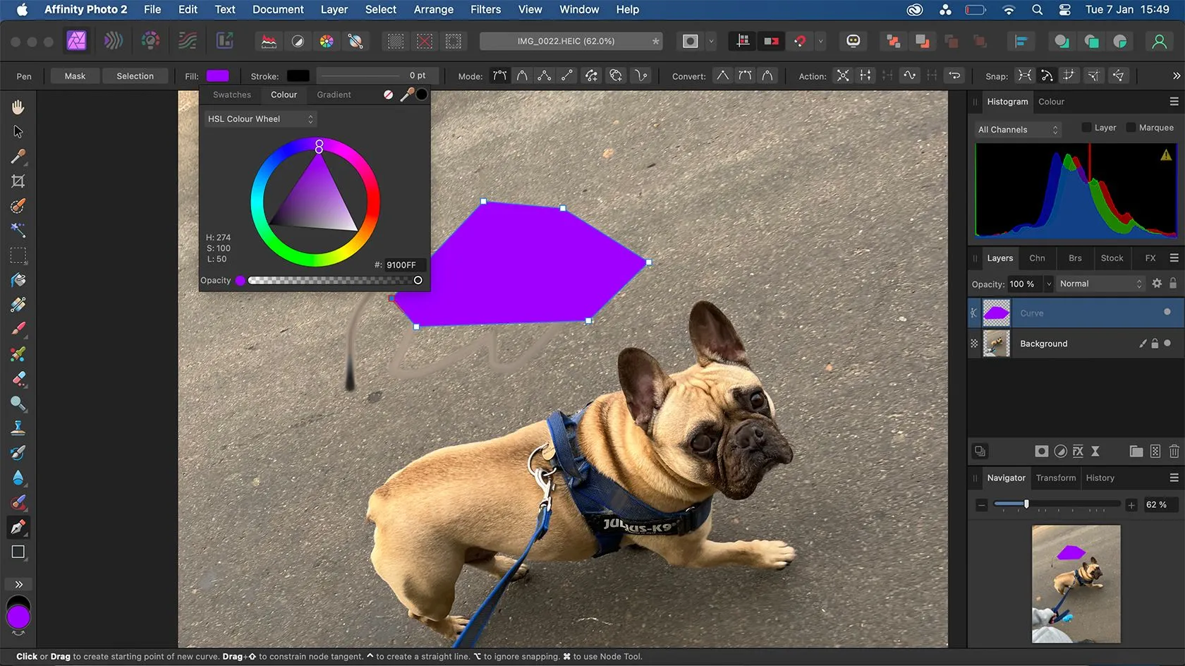 Giao diện Affinity Photo hiển thị công cụ Pen Tool, được sử dụng để vẽ và chỉnh sửa các đường cong vector.
