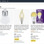 Giao diện Amazon hiển thị nhiều loại bóng đèn thông minh giá rẻ với ưu đãi hấp dẫn