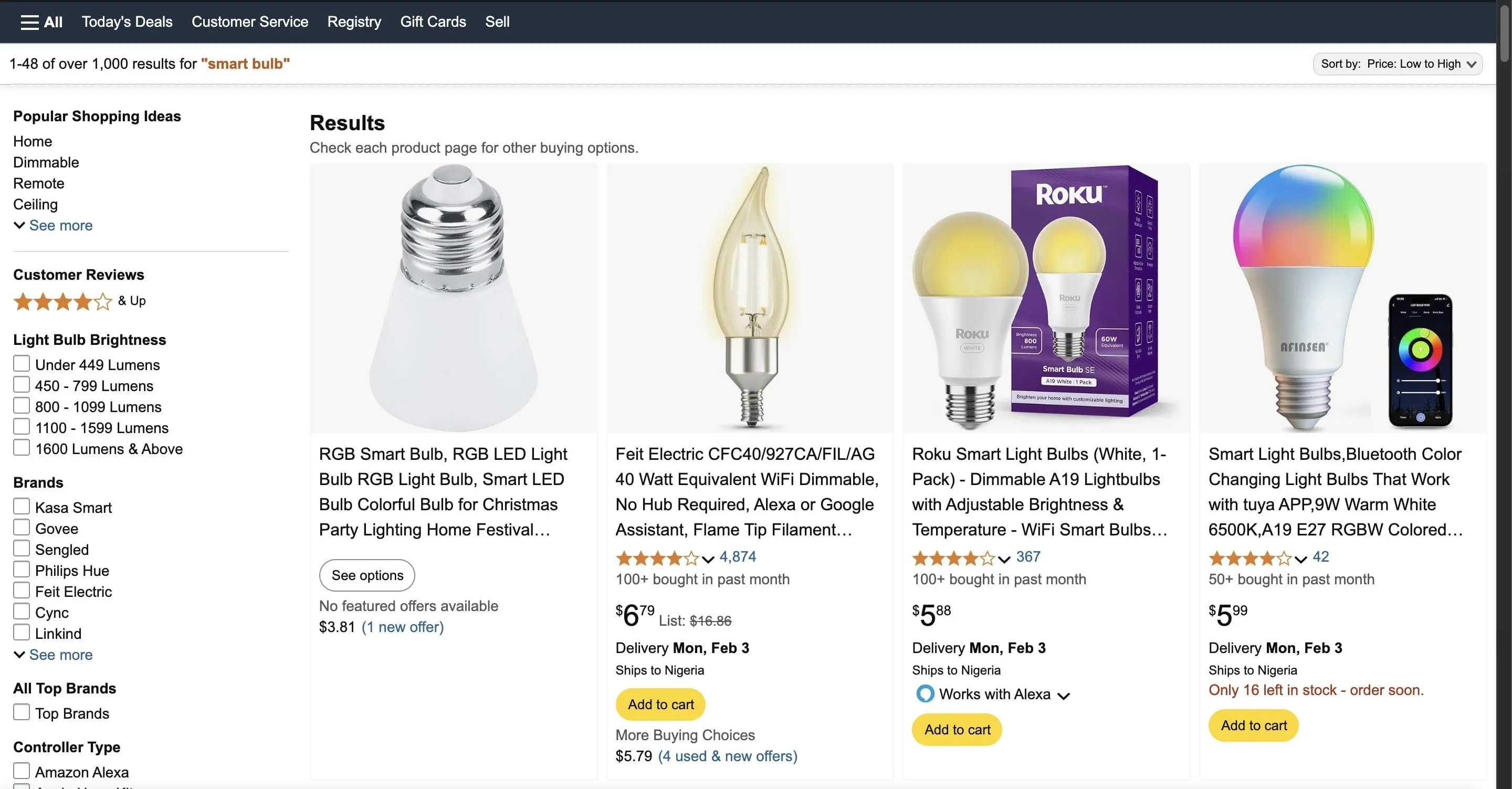 Giao diện Amazon hiển thị nhiều loại bóng đèn thông minh giá rẻ với ưu đãi hấp dẫn