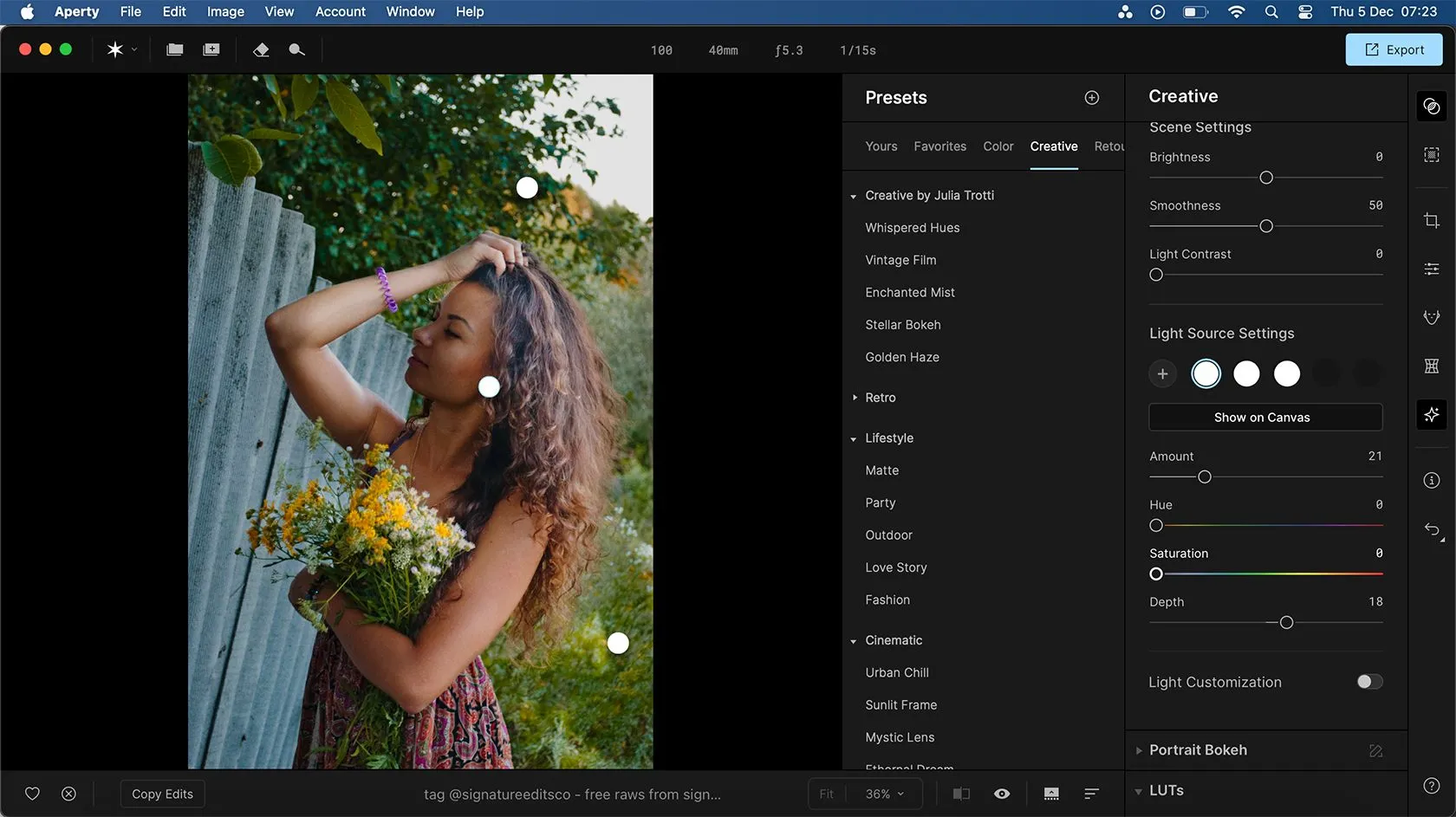 Giao diện Aperty hiển thị ảnh chân dung đã được chỉnh sửa màu sắc và ánh sáng chuyên nghiệp