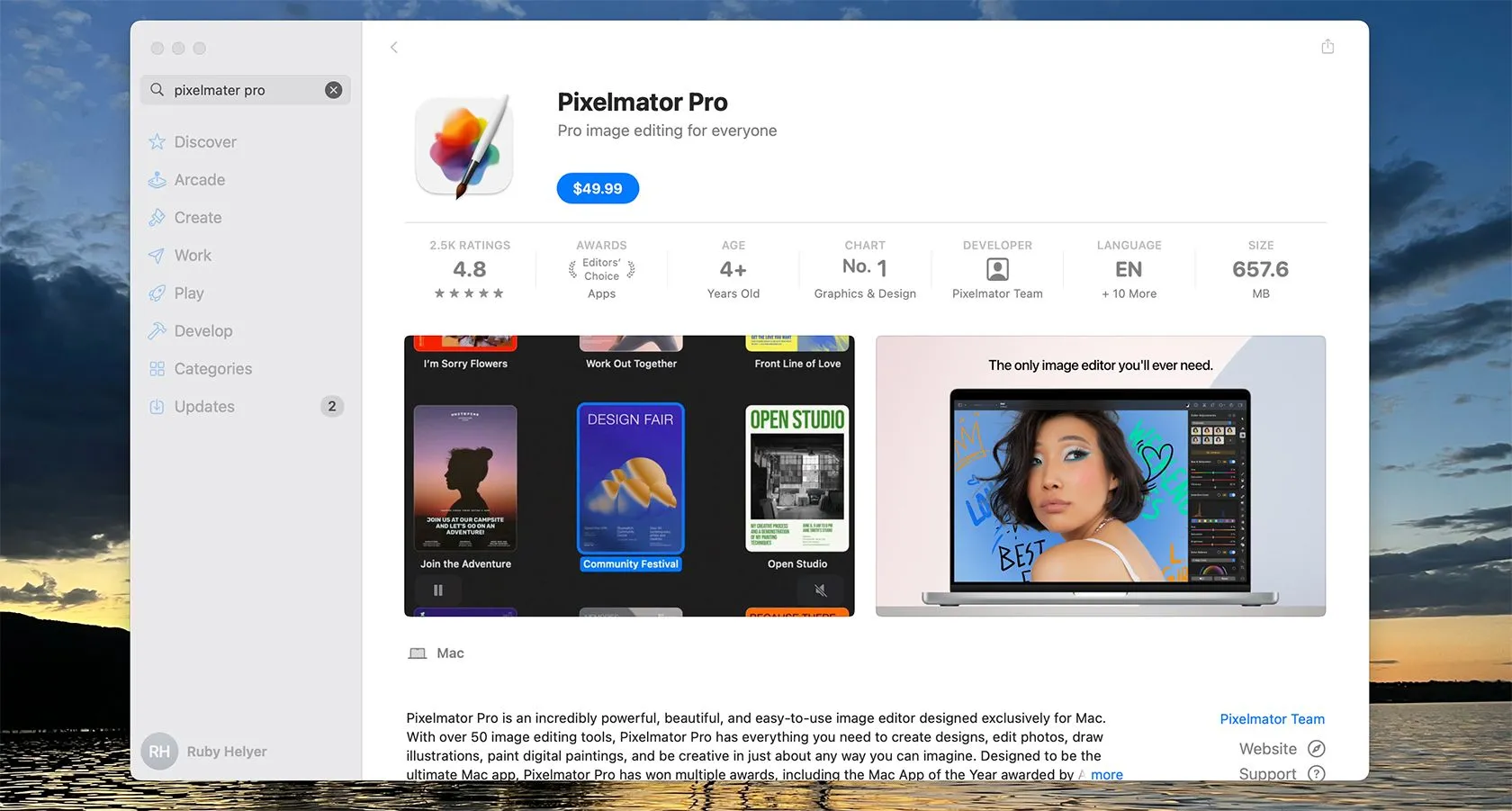 Giao diện App Store hiển thị mức giá mua một lần của Pixelmator Pro cho macOS và ứng dụng Pixelmator trên iOS.