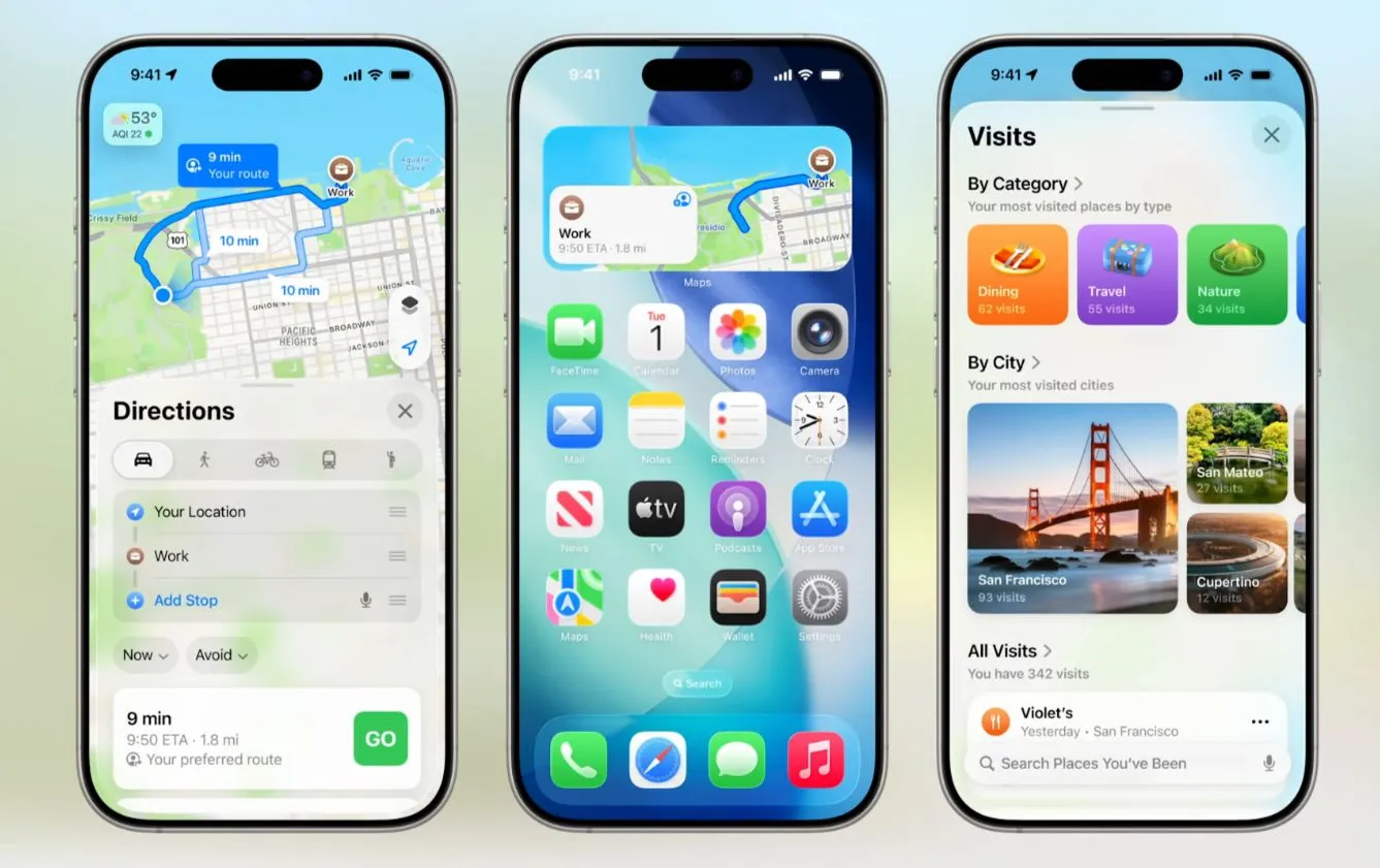 Giao diện Apple Maps trên iOS 26 hiển thị tính năng Địa điểm Đã Ghé thăm và các tuyến đường thường xuyên di chuyển.