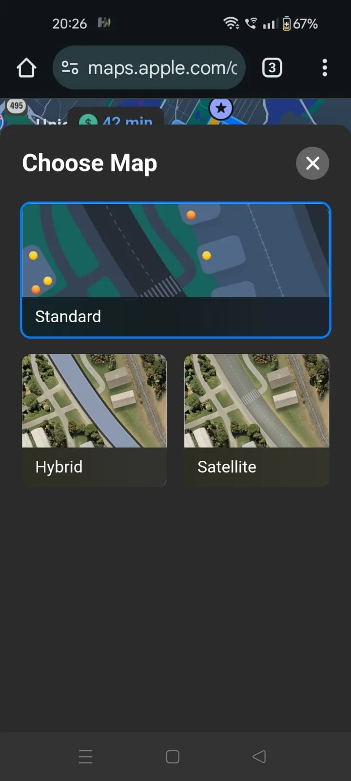 Giao diện Apple Maps với các chế độ xem vệ tinh và kết hợp trên trình duyệt di động